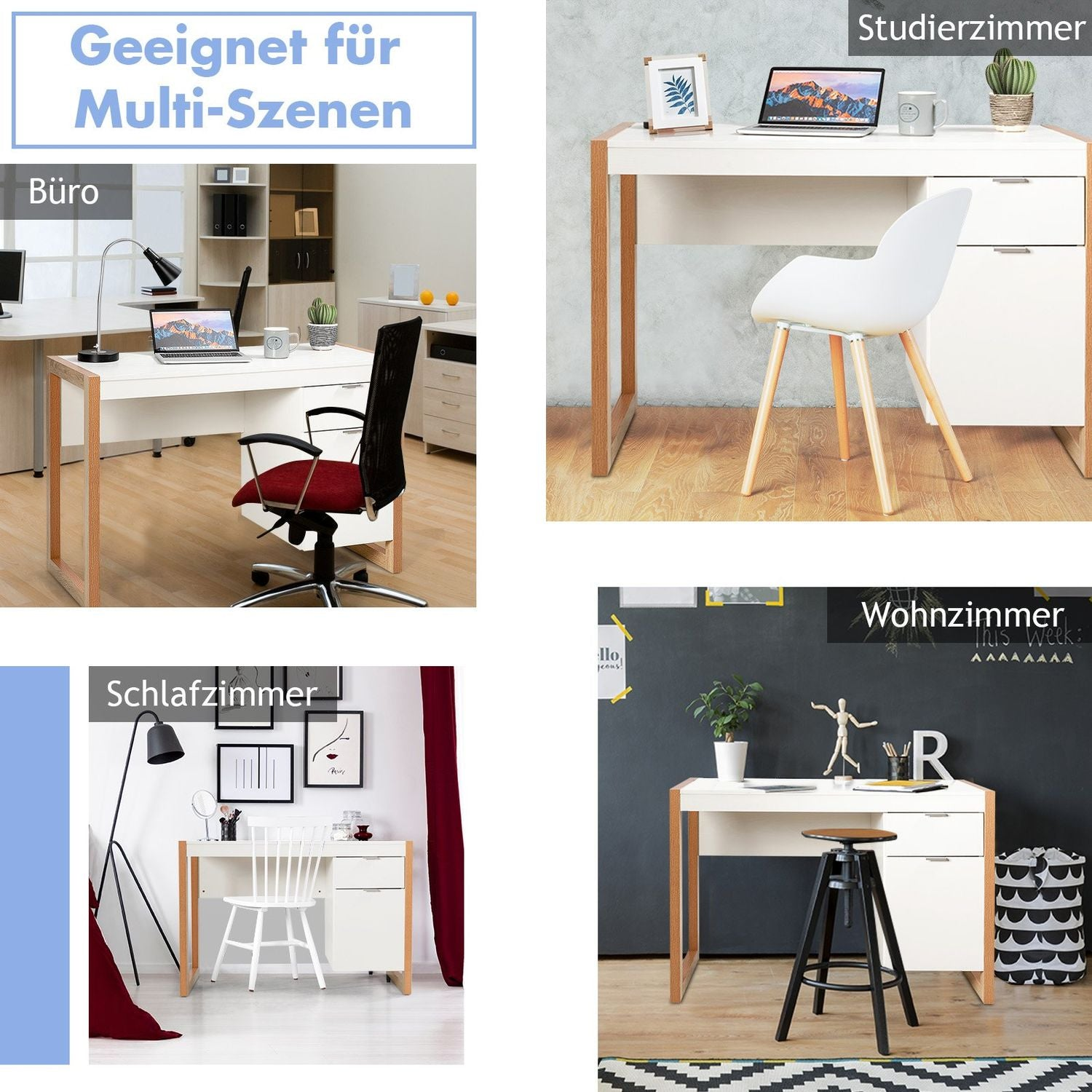La imagen muestra cuatro escenas diferentes con escritorios blancos. Una es una oficina, un estudio, un dormitorio y una sala de estar.