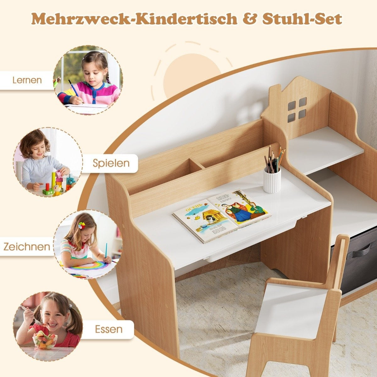 Un juego de escritorio y silla para niños. También hay imágenes de niños realizando diferentes actividades como aprender, dibujar y comer.