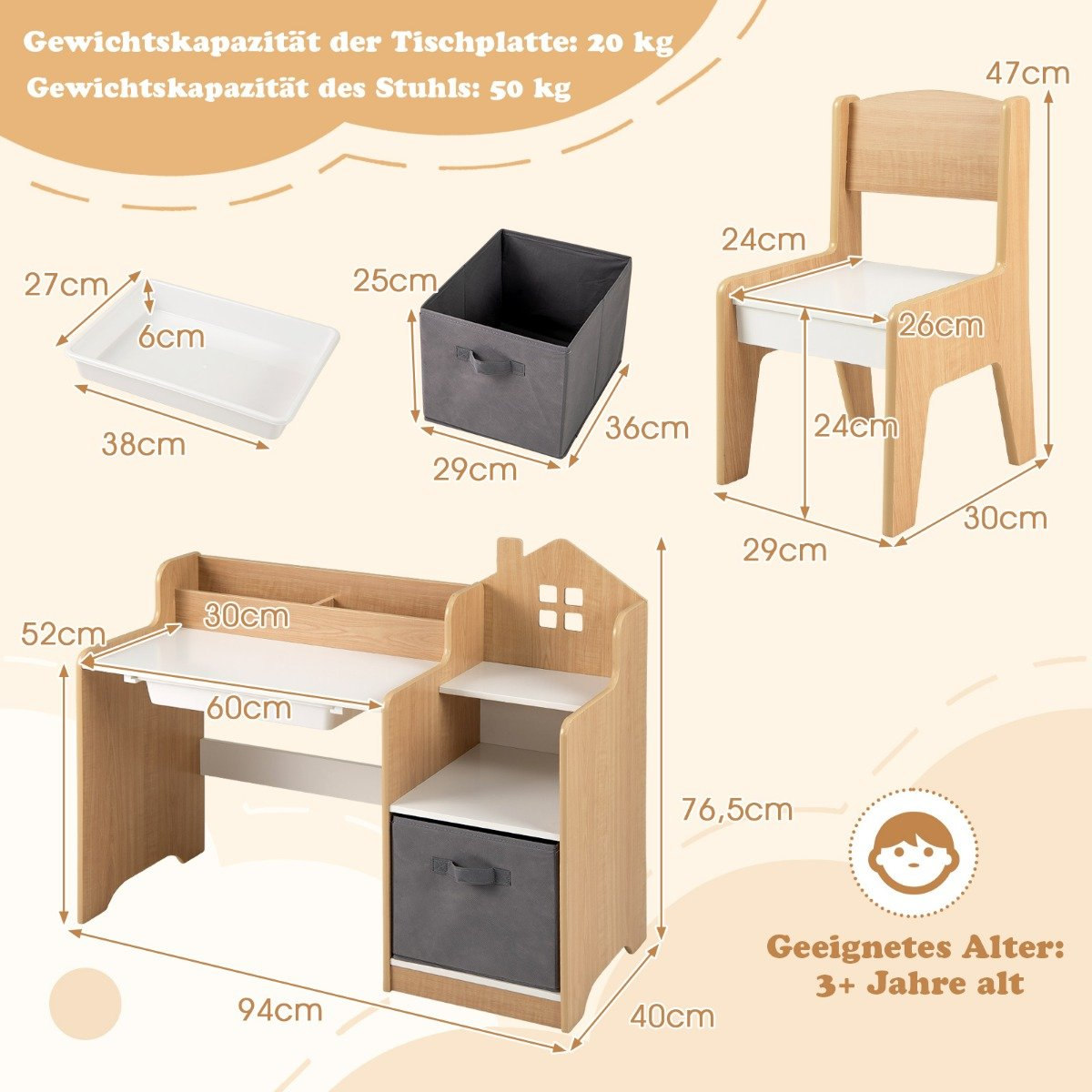 Un juego de escritorio y silla para niños con dimensiones. Incluye una bandeja blanca, una caja de almacenamiento gris y un escritorio en forma de casa.