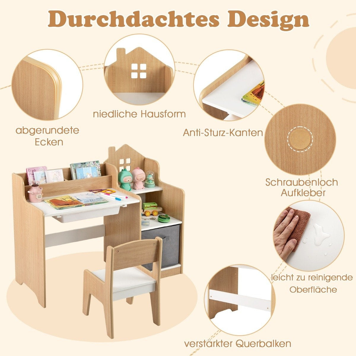 Un escritorio y silla para niños. El escritorio tiene una parte superior en forma de casa con estantes y un cajón. La silla es de madera con asiento blanco.