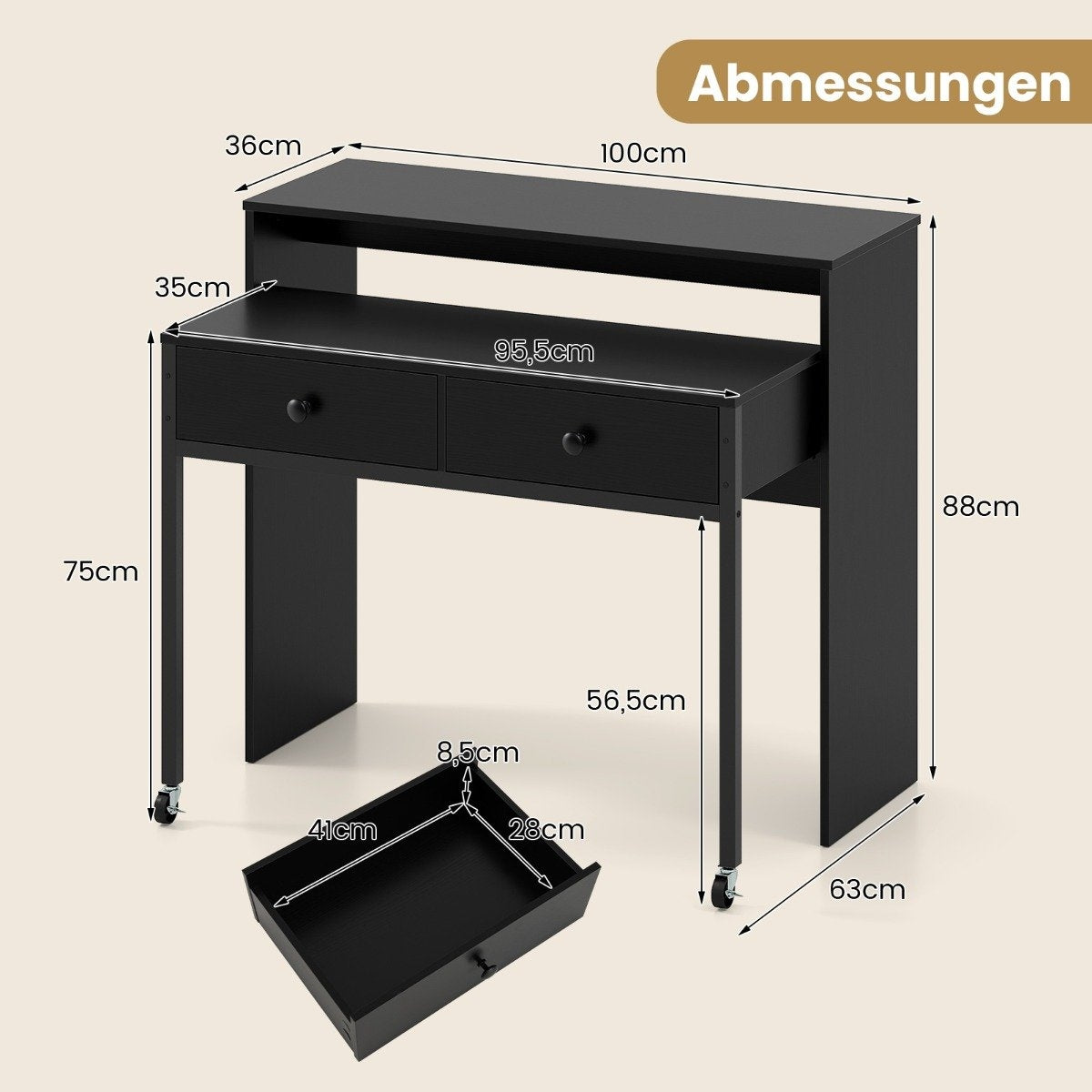 Escritorio negro con dos cajones. Dimensiones etiquetadas: 100cm, 88cm, 75cm, 63cm, 95.5cm, 36cm, 35cm, 56.5cm, 41cm, 28cm, 8.5cm.