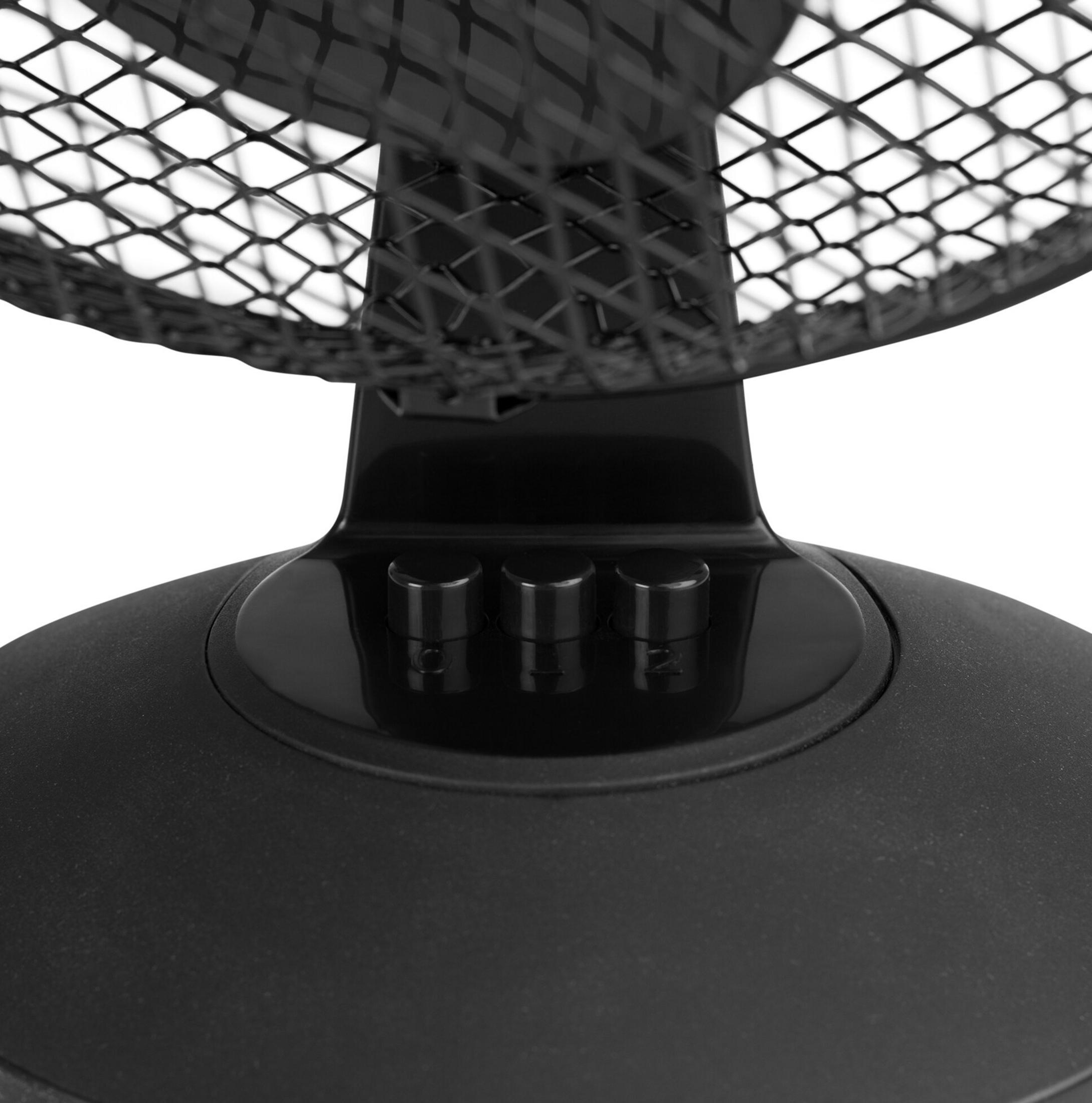 Gros plan d'un ventilateur noir. Il possède une grille de protection et des boutons de contrôle de vitesse.