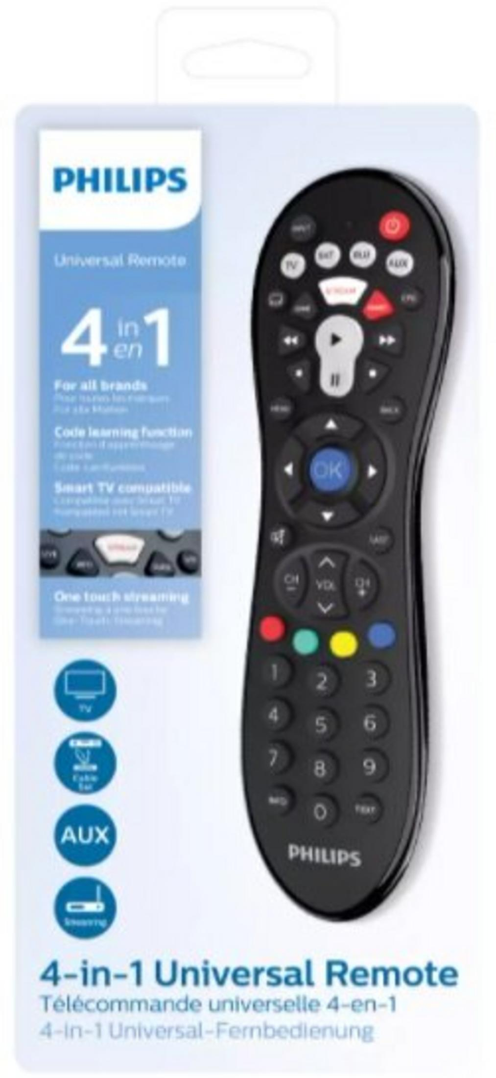 Uniwersalny pilot Philips 4 w 1. Jest czarny z różnymi przyciskami i niebieskim przyciskiem OK. Opakowanie jest biało-niebieskie.
