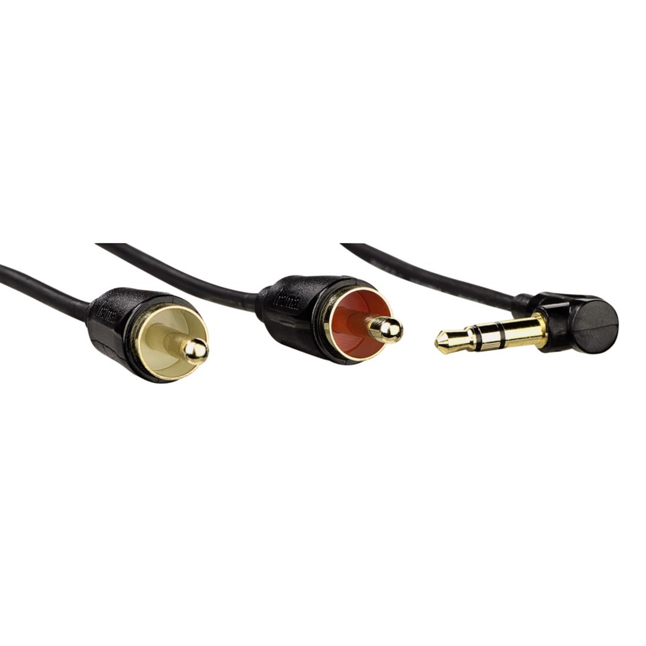 Drei Audiokabel mit schwarzen Kabeln und goldfarbenen Steckern auf weißem Hintergrund, abgewinkelt.