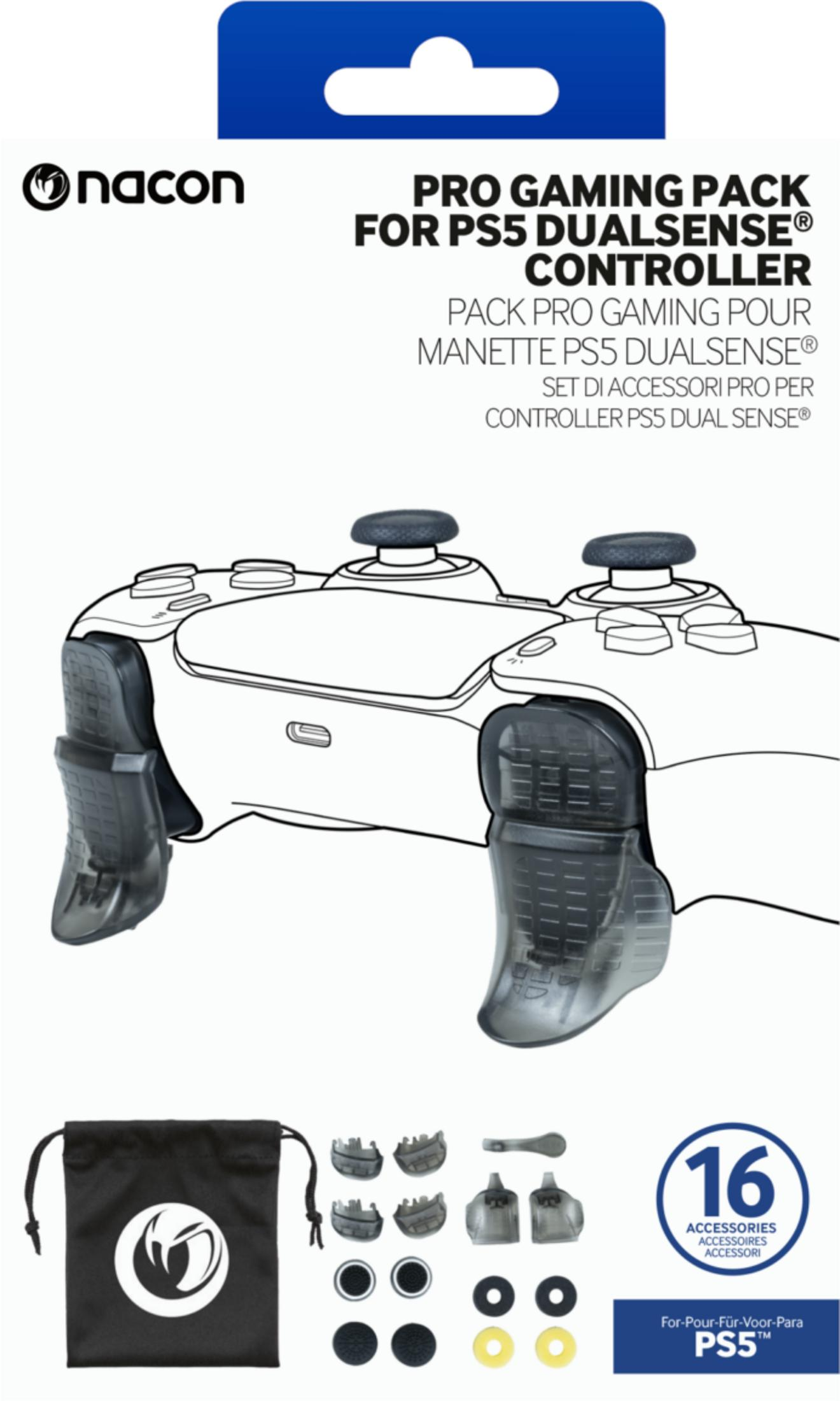 Czarno-biały zestaw gamingowy Nacon do kontrolera PS5 Dualsense. Zawiera kontroler, akcesoria i torbę.