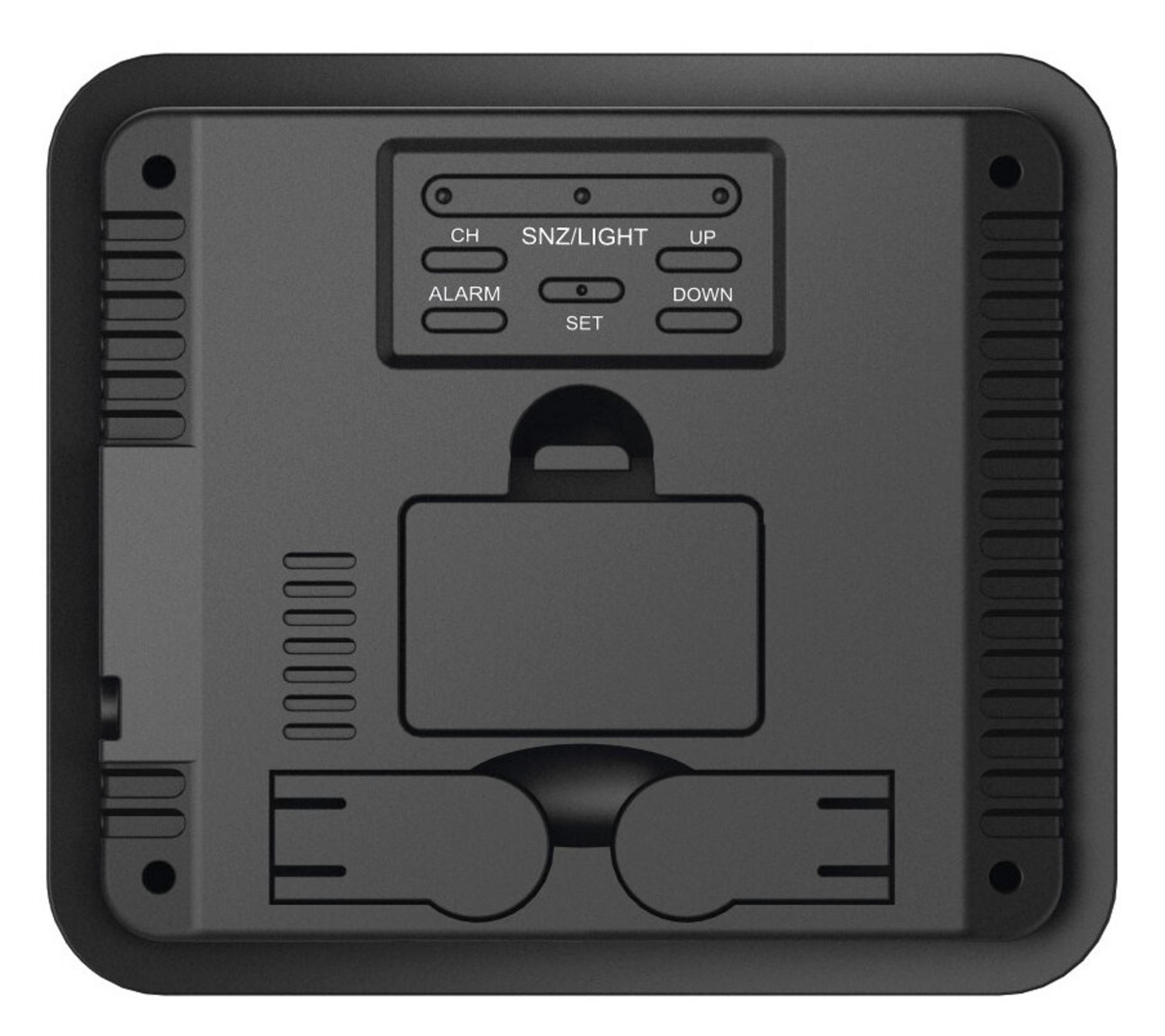 Czarny zegar cyfrowy z przyciskami CH, SNZ/LIGHT, UP, ALARM, SET i DOWN. Prostokątny kształt.