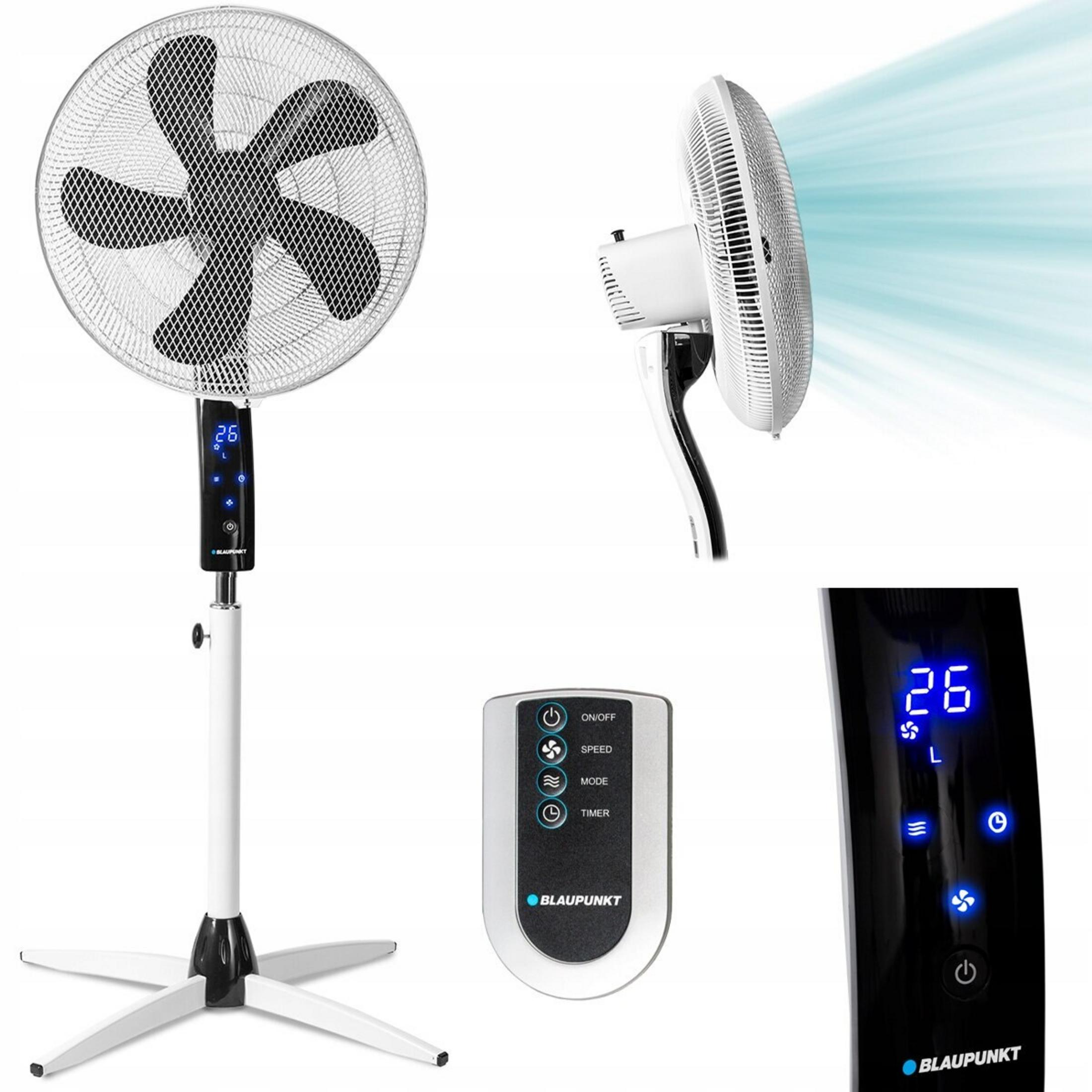 Un ventilateur sur pied blanc et noir. Comprend une télécommande, un affichage et une vue latérale avec de l'air.