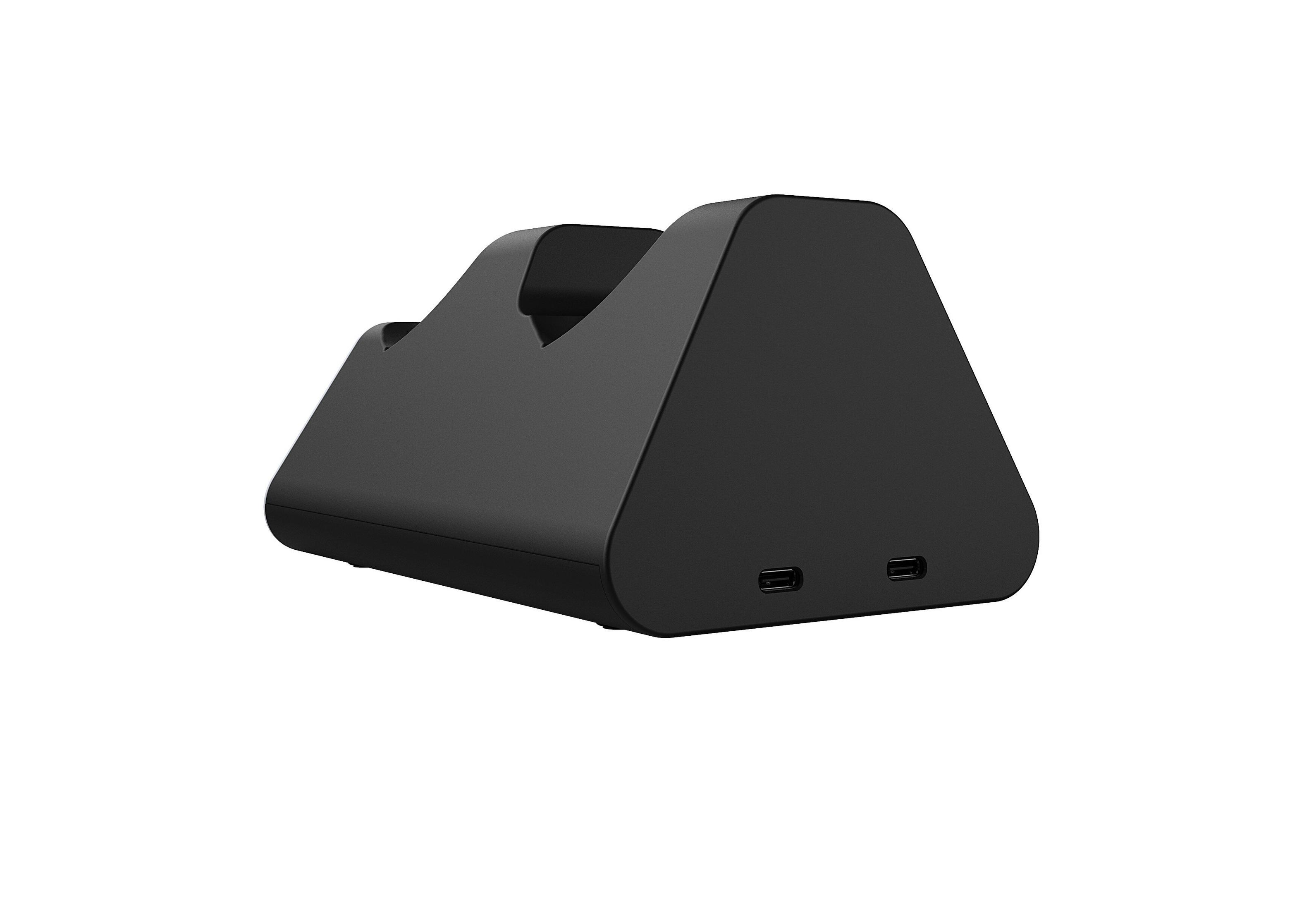 Stazione di ricarica nera su sfondo bianco. Ha due porte USB-C. Il design è moderno e angolare.