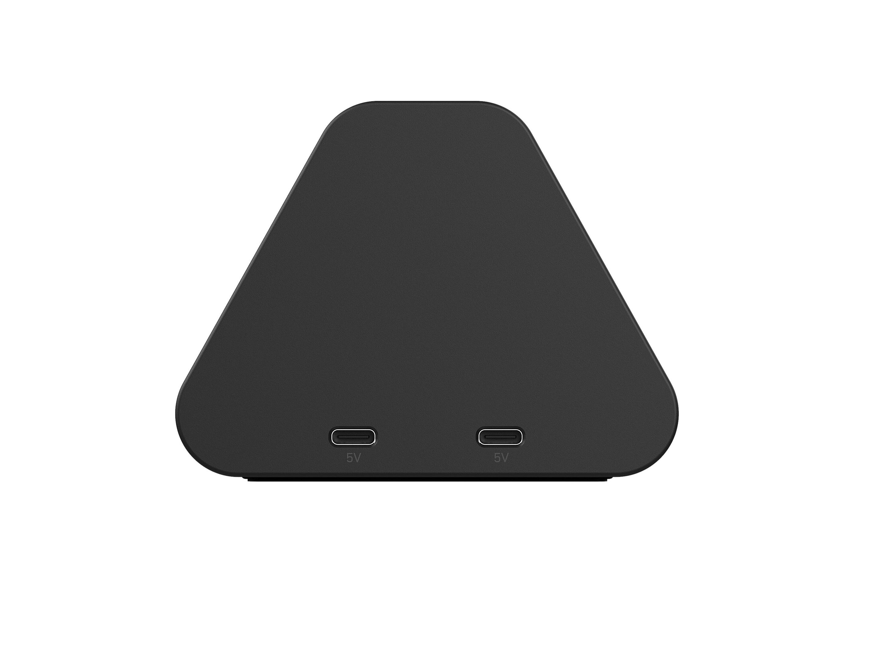 Una base di ricarica triangolare nera con due porte USB da 5V su sfondo bianco.