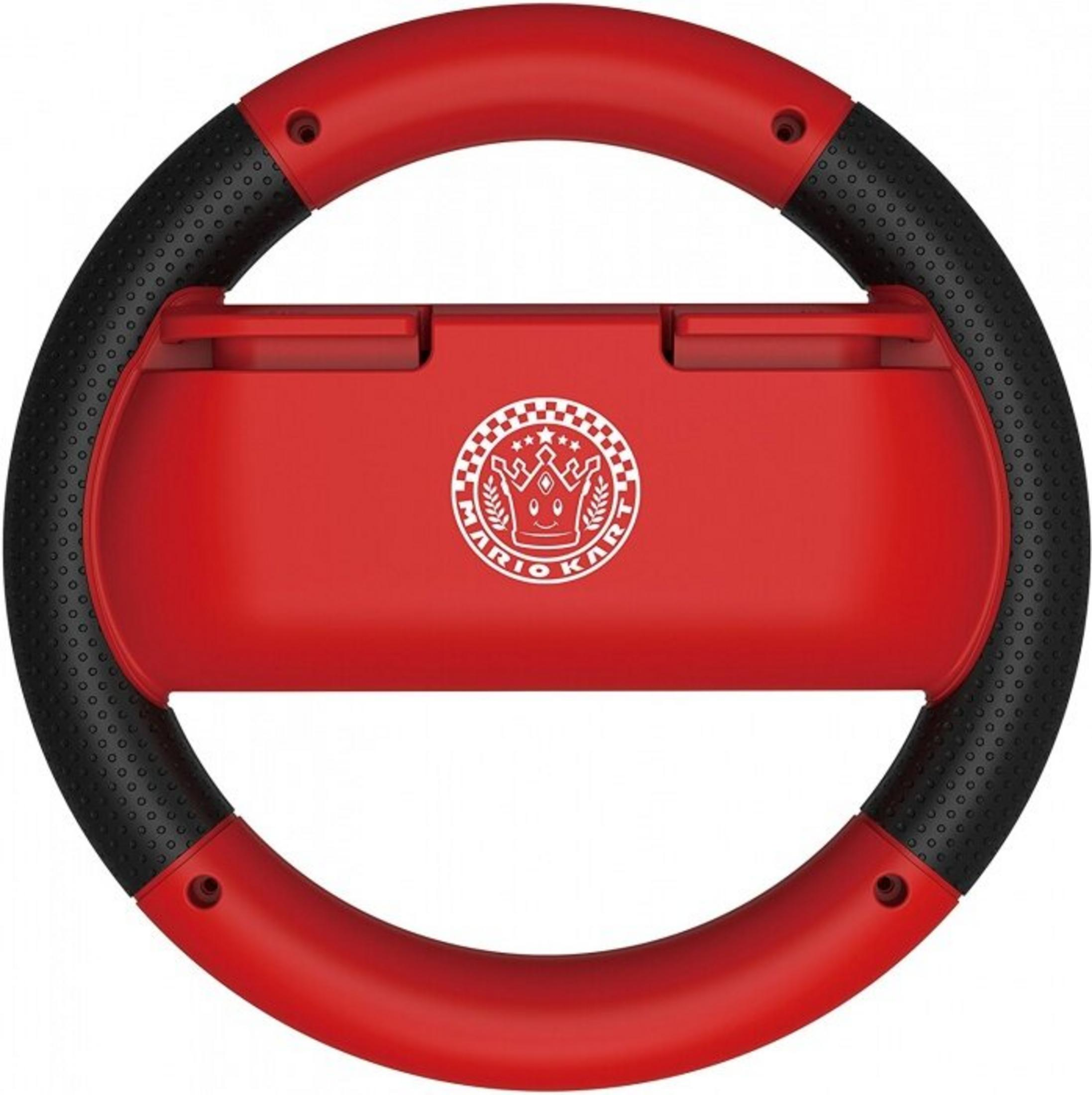 Ein rot-schwarzes Mario Kart-Lenkrad. In der Mitte befindet sich das Mario Kart-Logo.