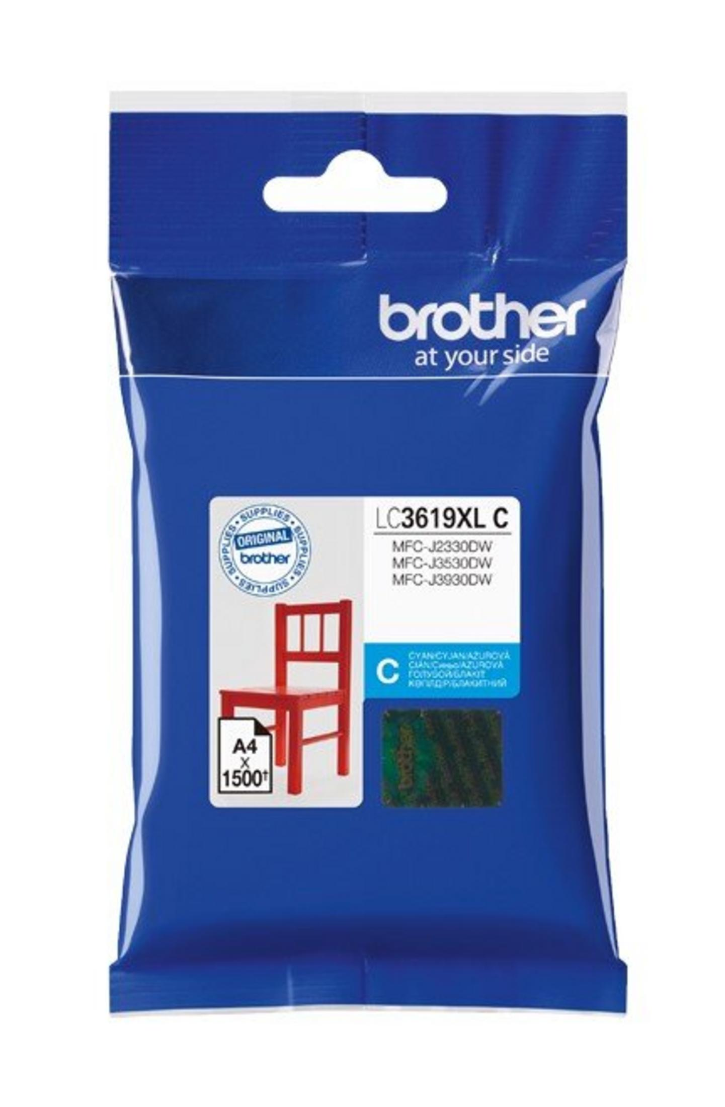 Niebieskie opakowanie wkładu atramentowego Brother. Posiada grafikę czerwonego krzesła. Tekst zawiera 'LC3619XL C' i 'A4'.