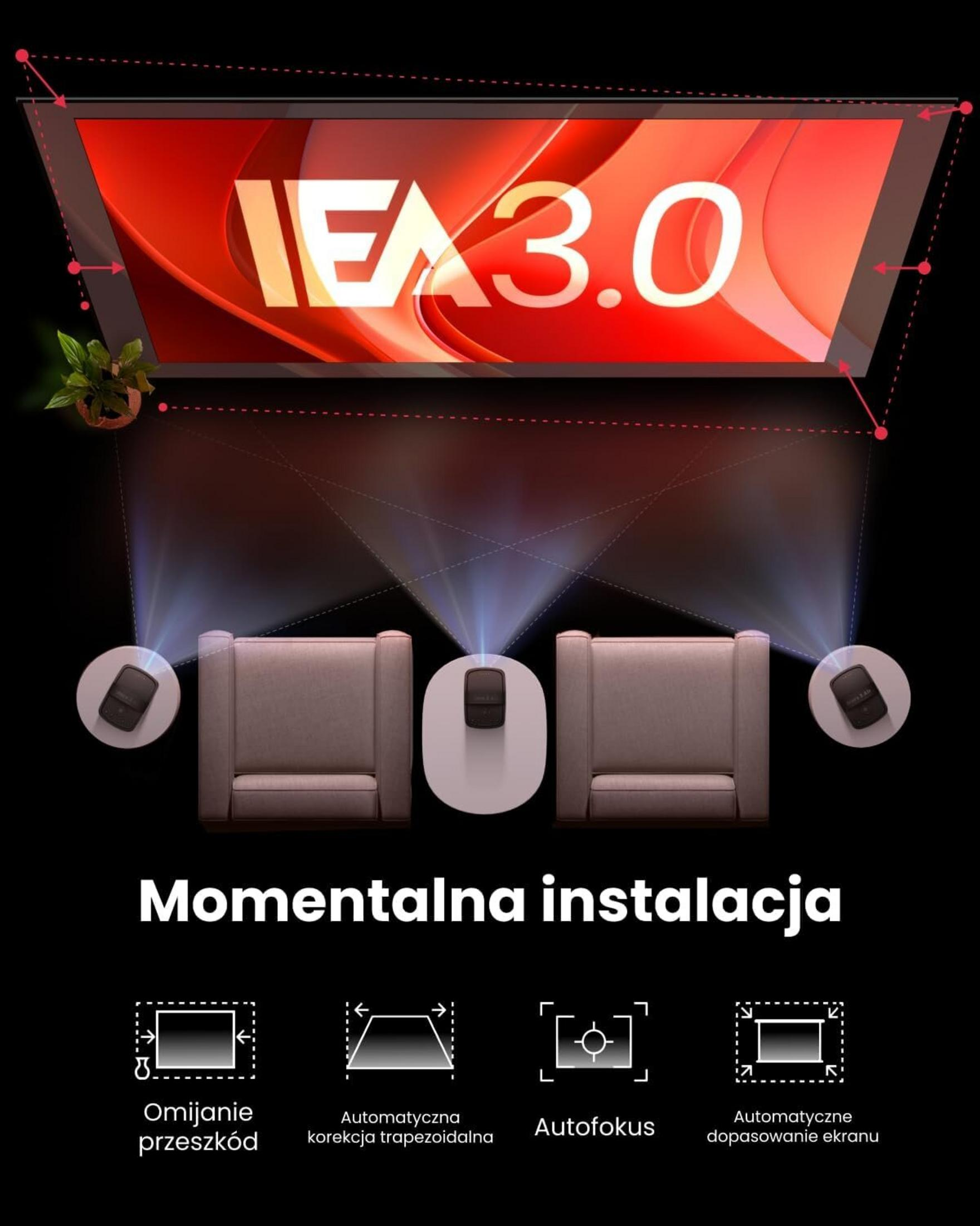 Obraz pokazuje konfigurację projektora z tekstem 'IEA 3.0', dwoma krzesłami i ikonami funkcji, takich jak autofokus.