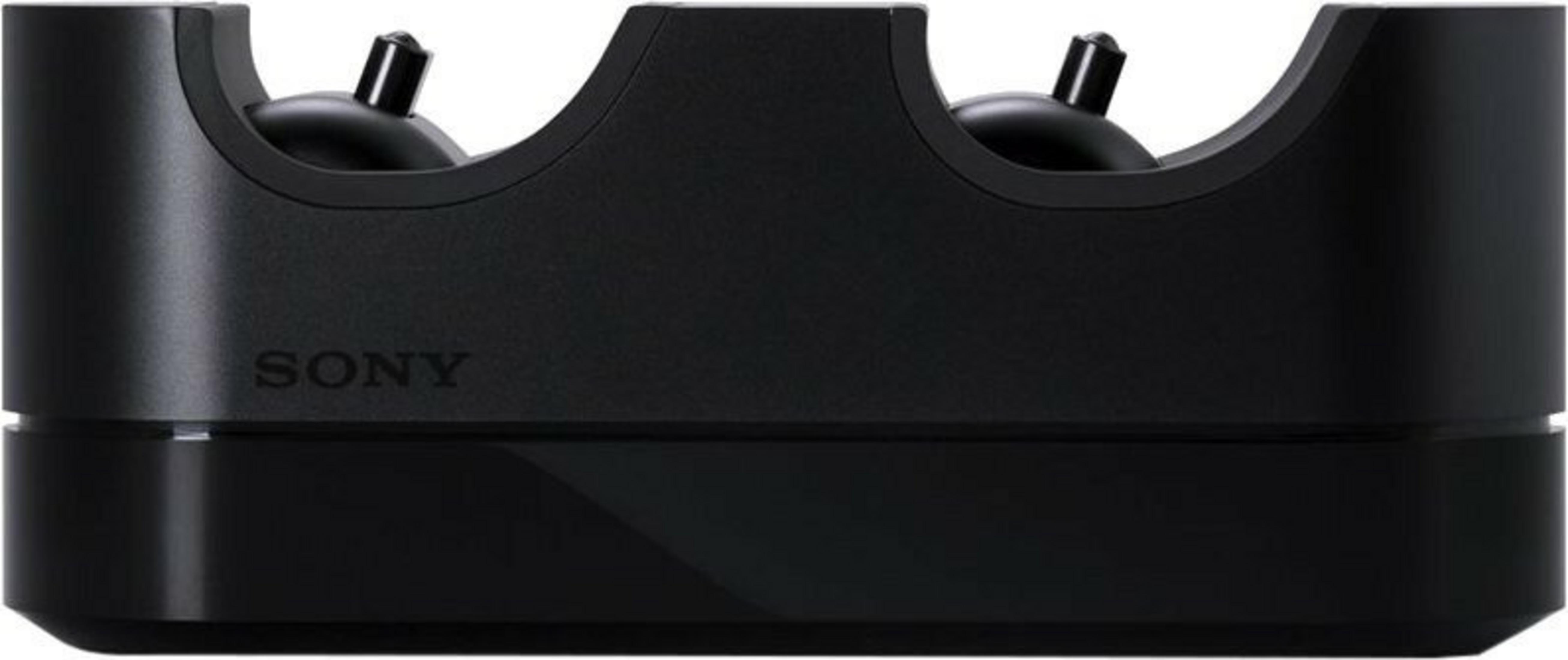 Schwarze Sony Ladestation für Controller. Sie hat zwei Ladeschlitze und ein schlankes, minimalistisches Design.