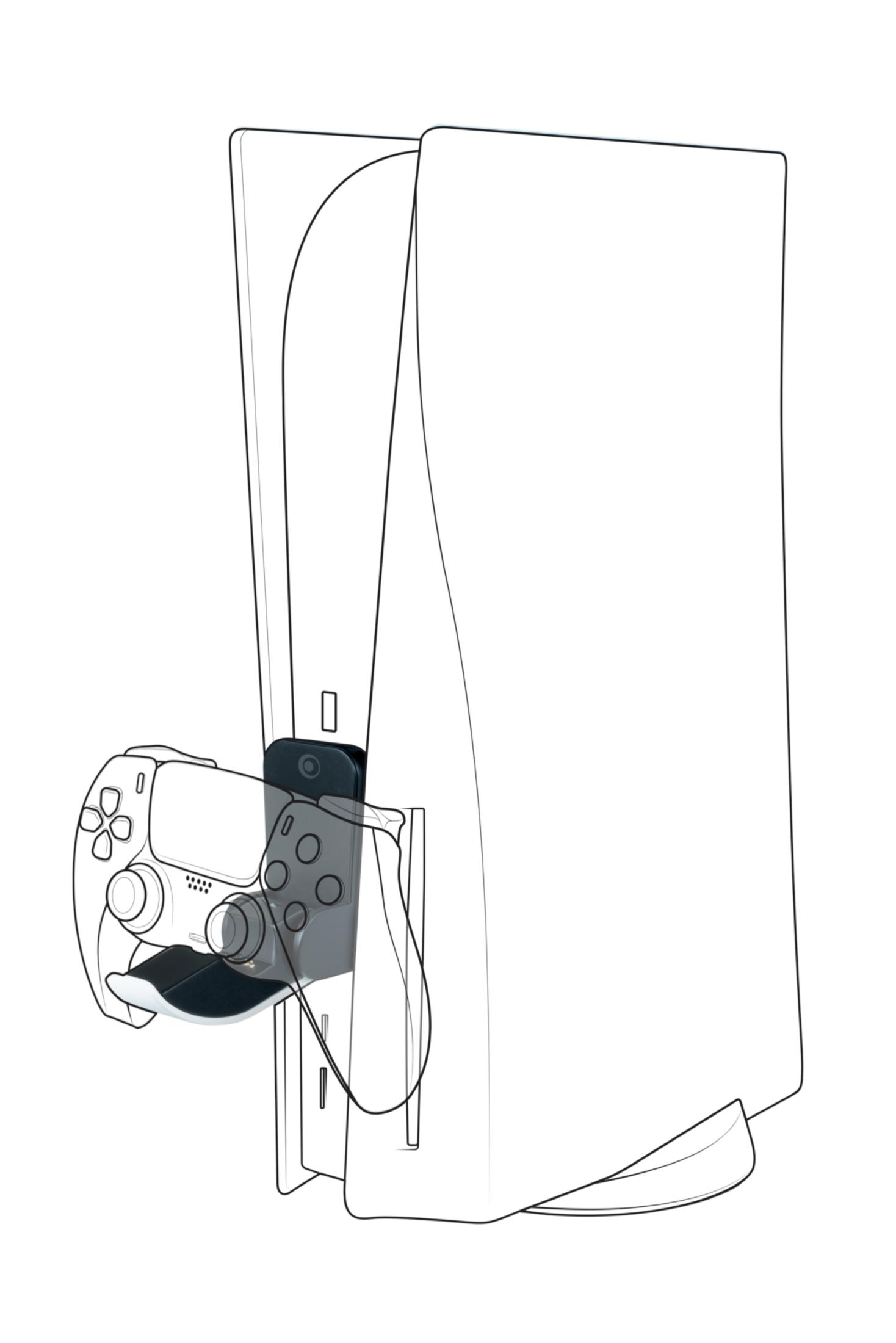 Eine weiße Playstation 5-Konsole mit Controller und Ladestation, alles im Strichstil.