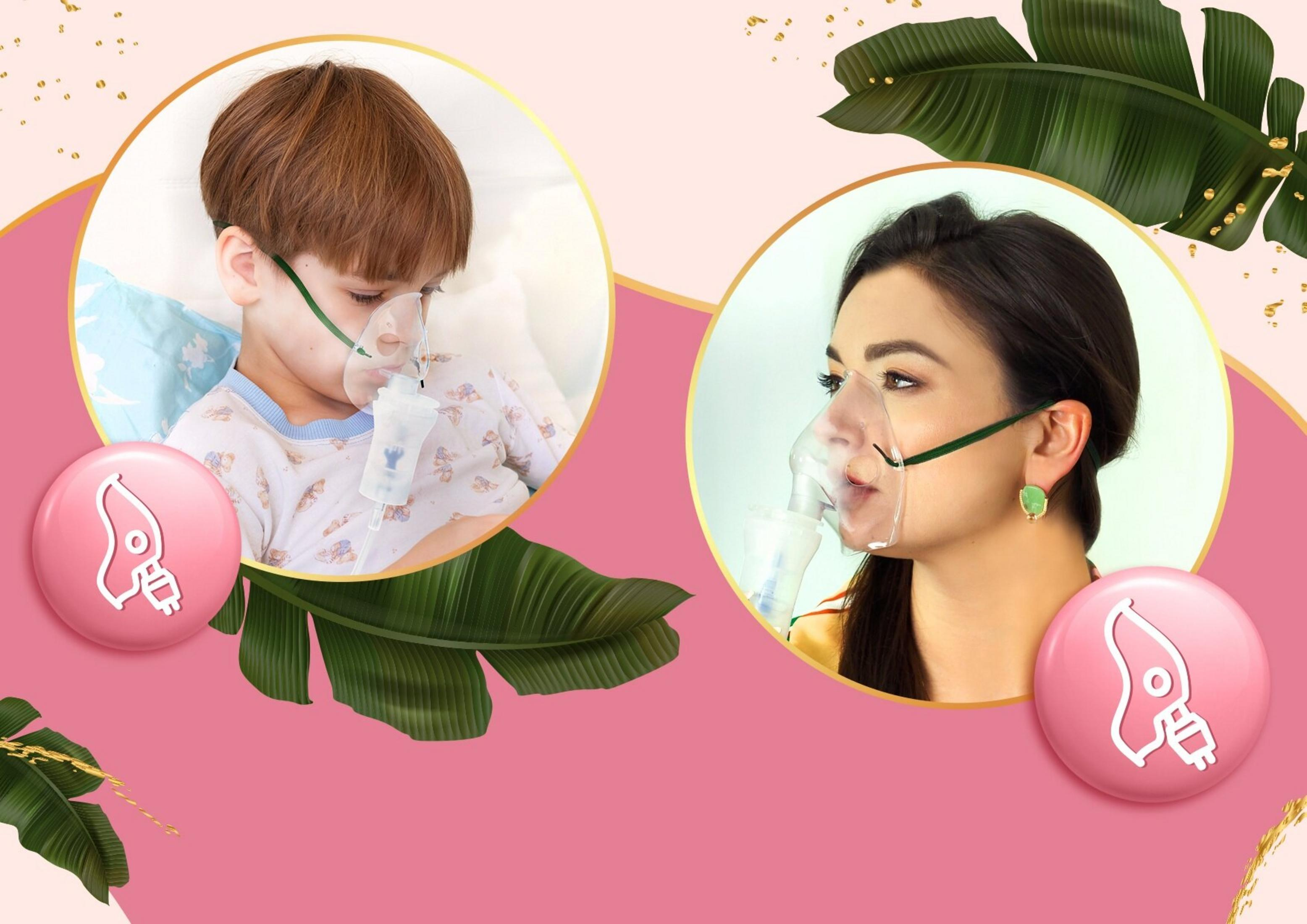 Dziecko i kobieta w maskach tlenowych. Różowe tło z liśćmi i ikonami.