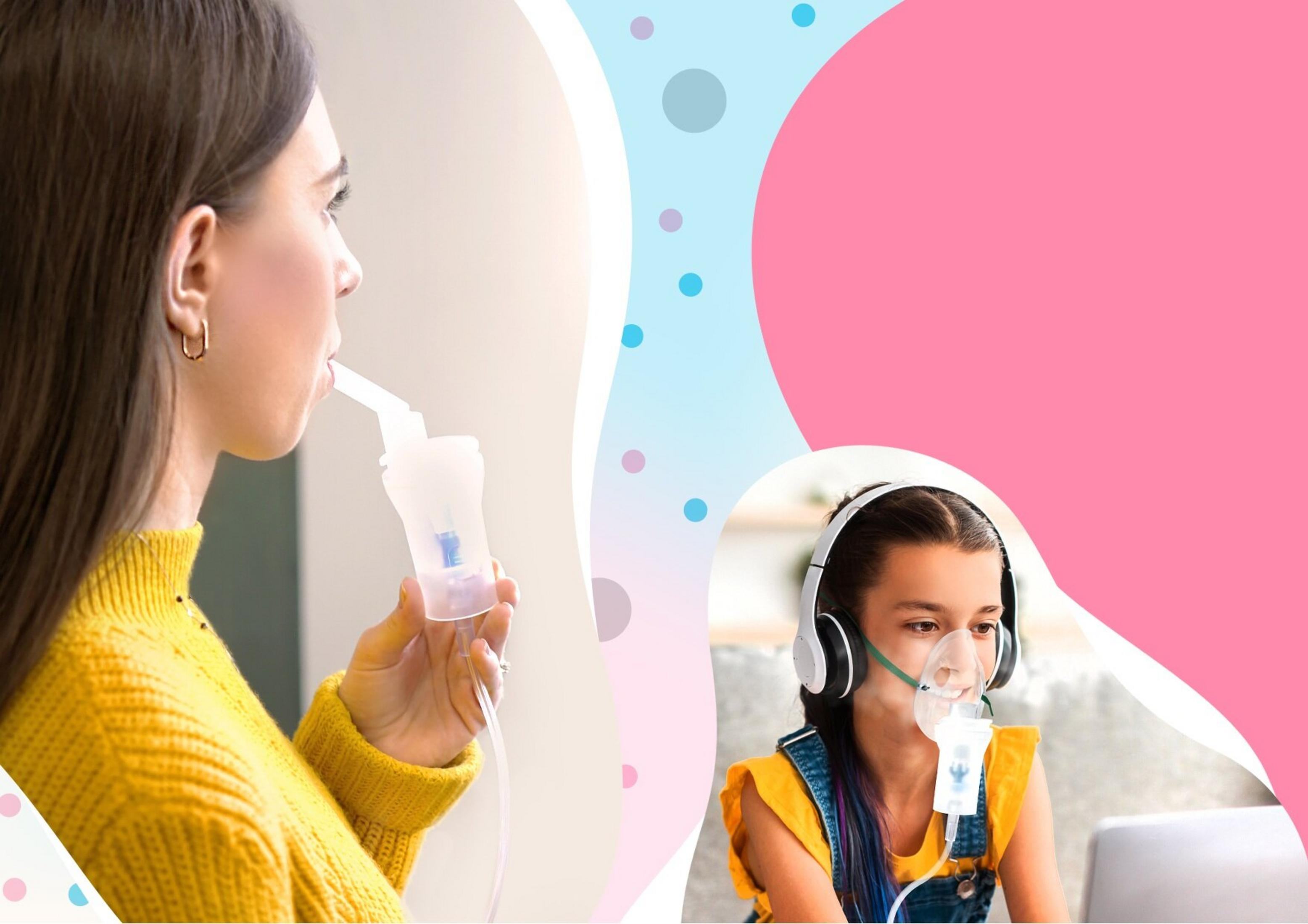 Kobieta używa nebulizatora. Dziewczyna nosi maskę i słuchawki. Różowe i niebieskie tło.