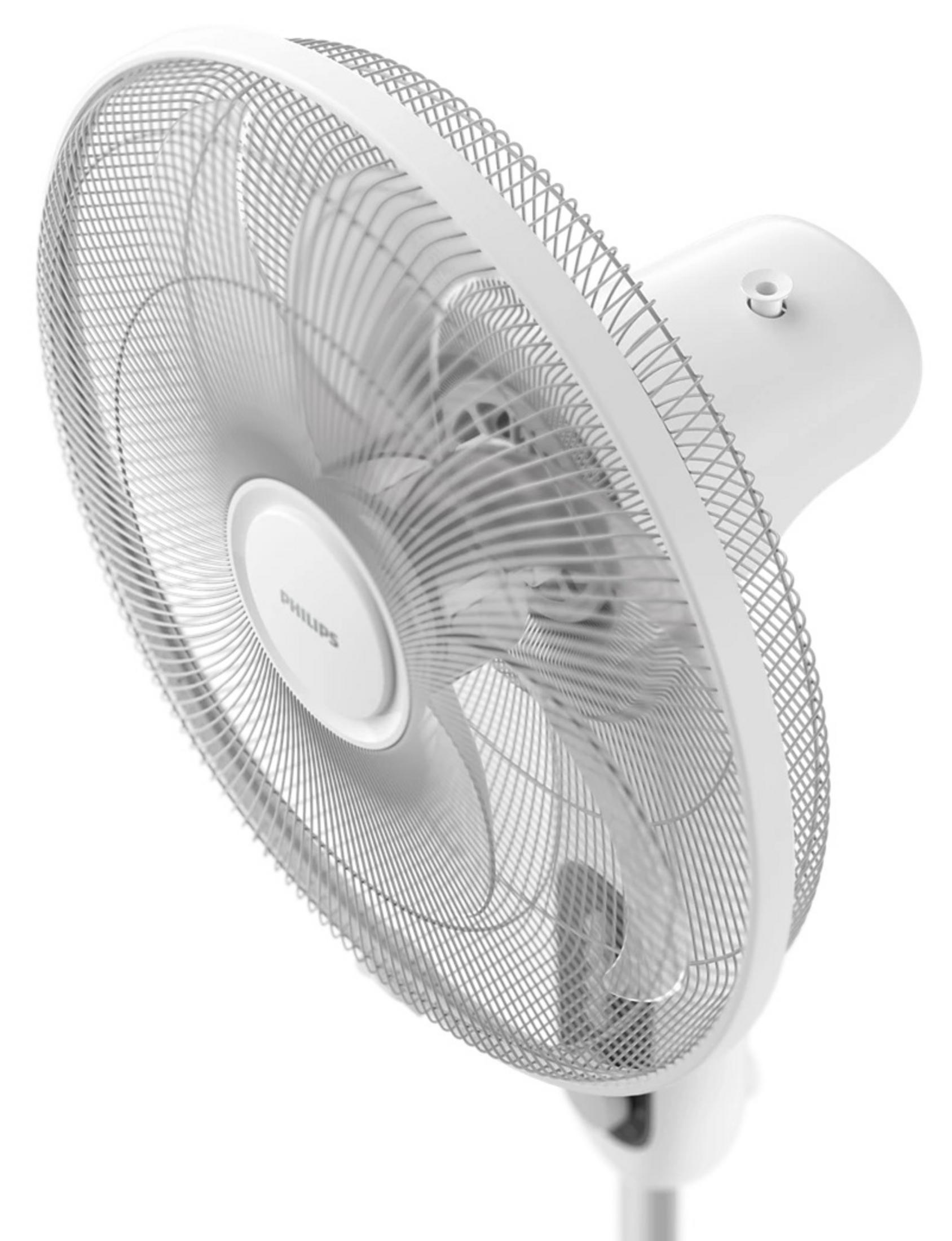 A white Philips fan. It has a circular fan cage with metal mesh and a white base.