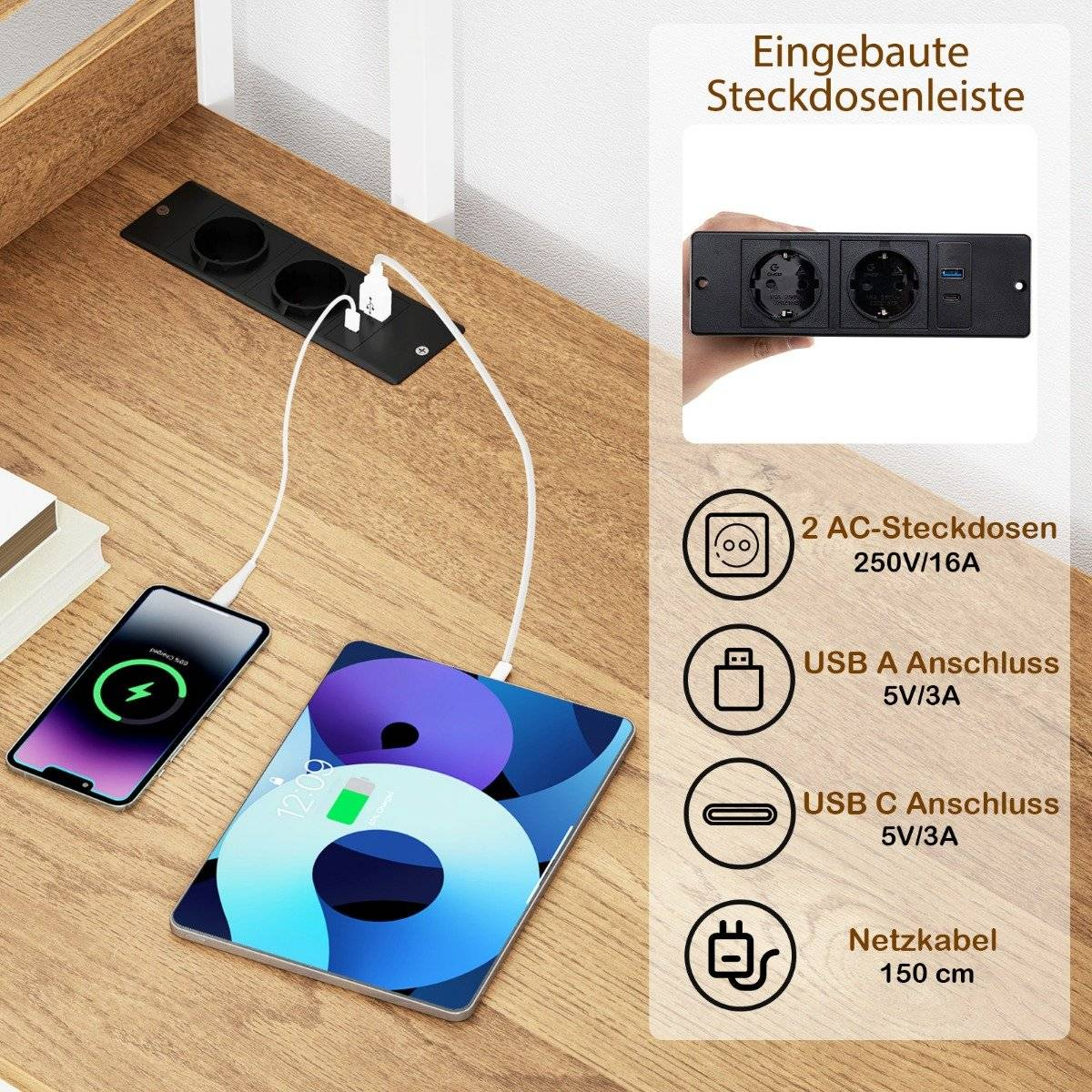 Una tableta y un teléfono cargándose en un escritorio de madera. Se ve una regleta con enchufes y puertos USB.