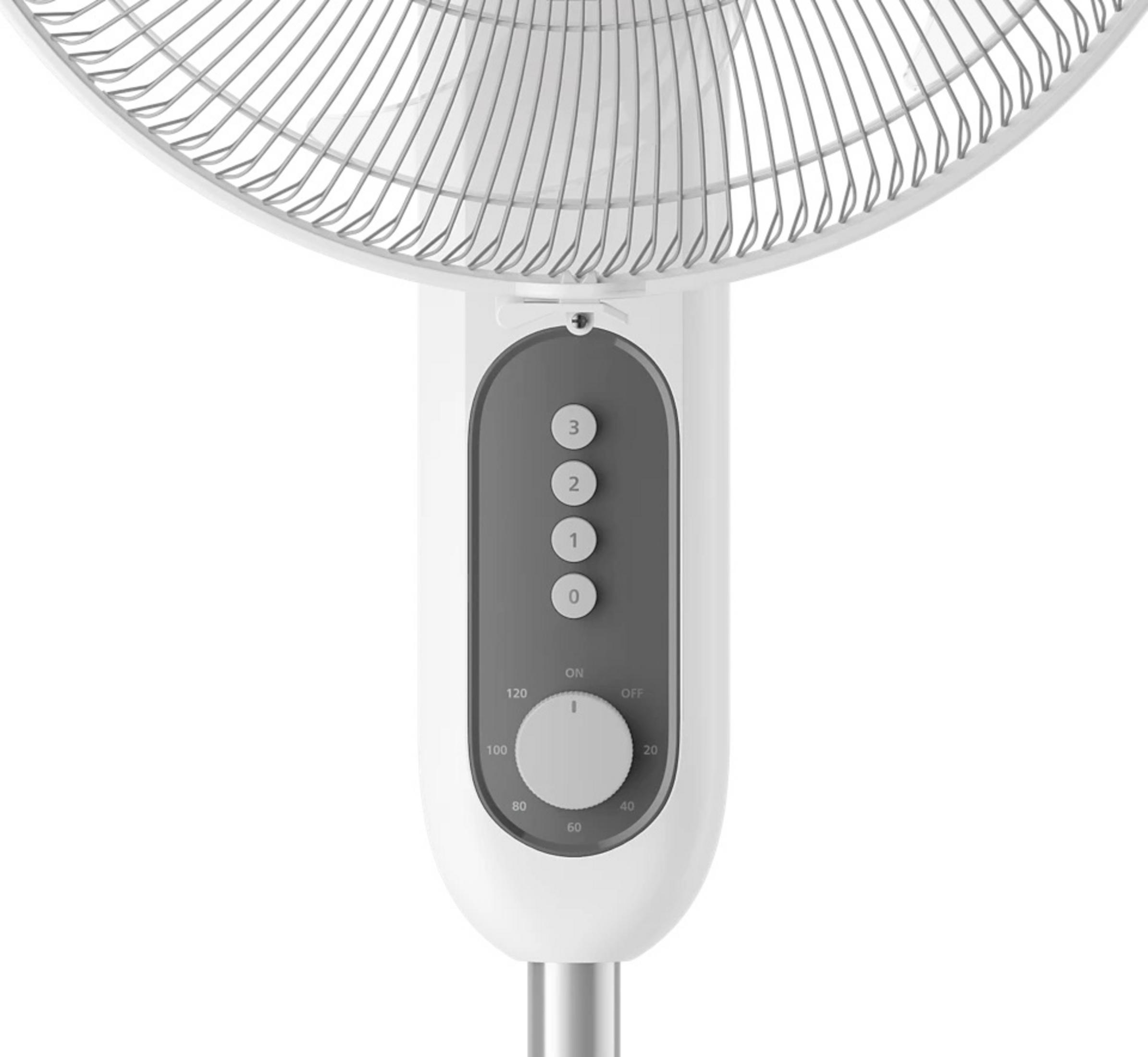 A white and gray fan. The fan has a speed dial with numbers and buttons for different settings.