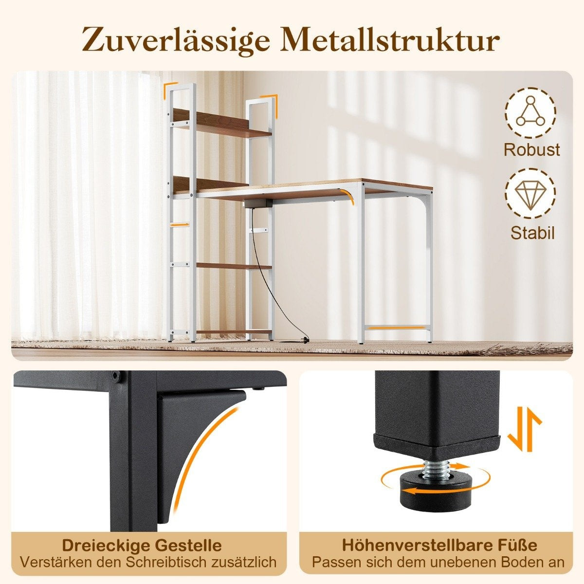 Escritorio metálico blanco con estanterías y tablero de madera. Incluye soportes triangulares y patas ajustables.