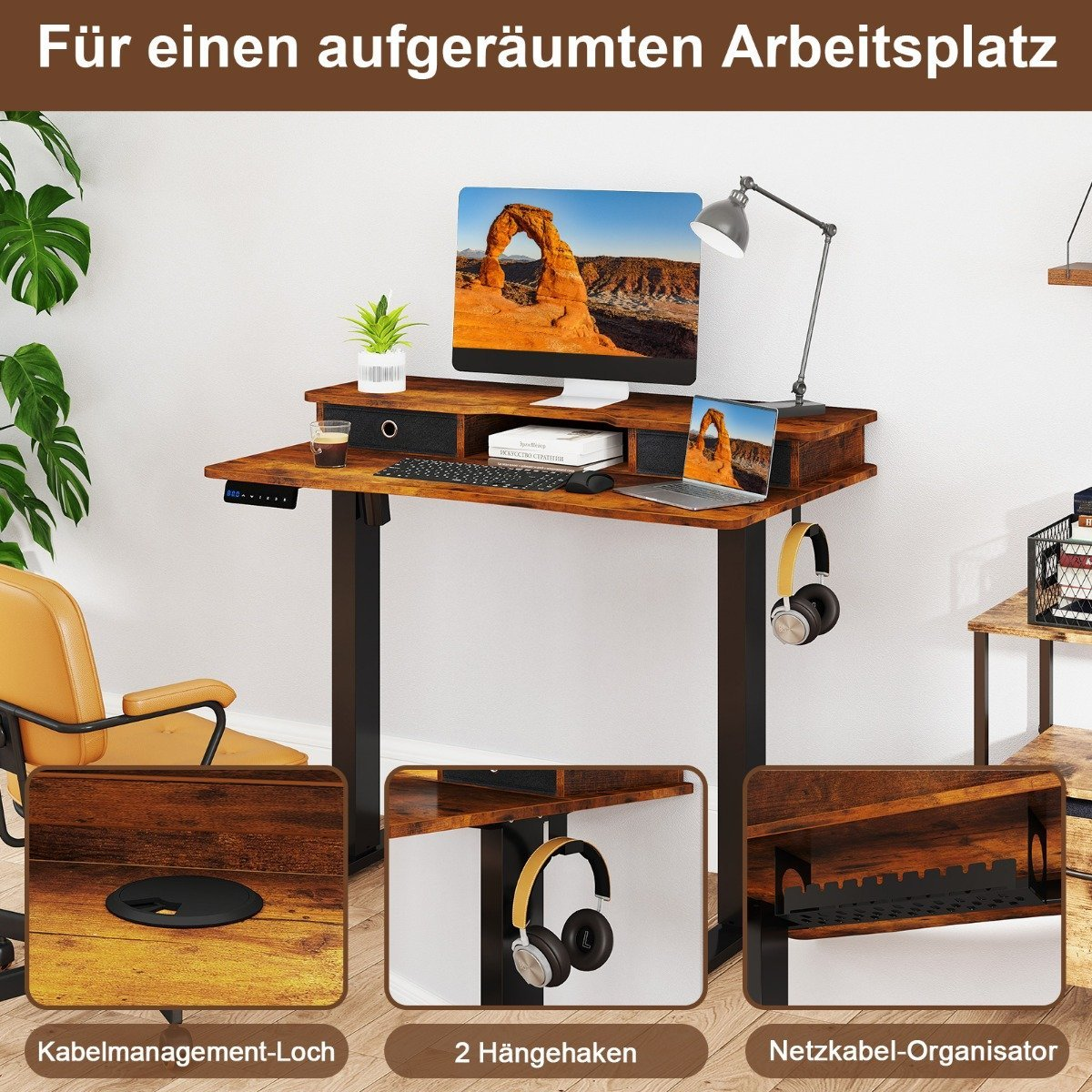 Se muestra un escritorio moderno con monitor, laptop y accesorios, incluyendo audífonos, lámpara y planta. Se muestran detalles como la gestión de cables.