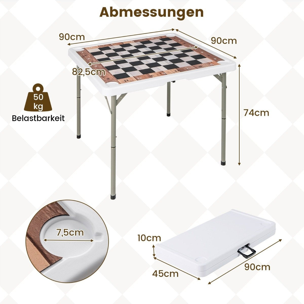 Se muestra una mesa de ajedrez blanca y marrón, con medidas. Debajo, una maleta blanca cerrada. Se muestra un portavasos.