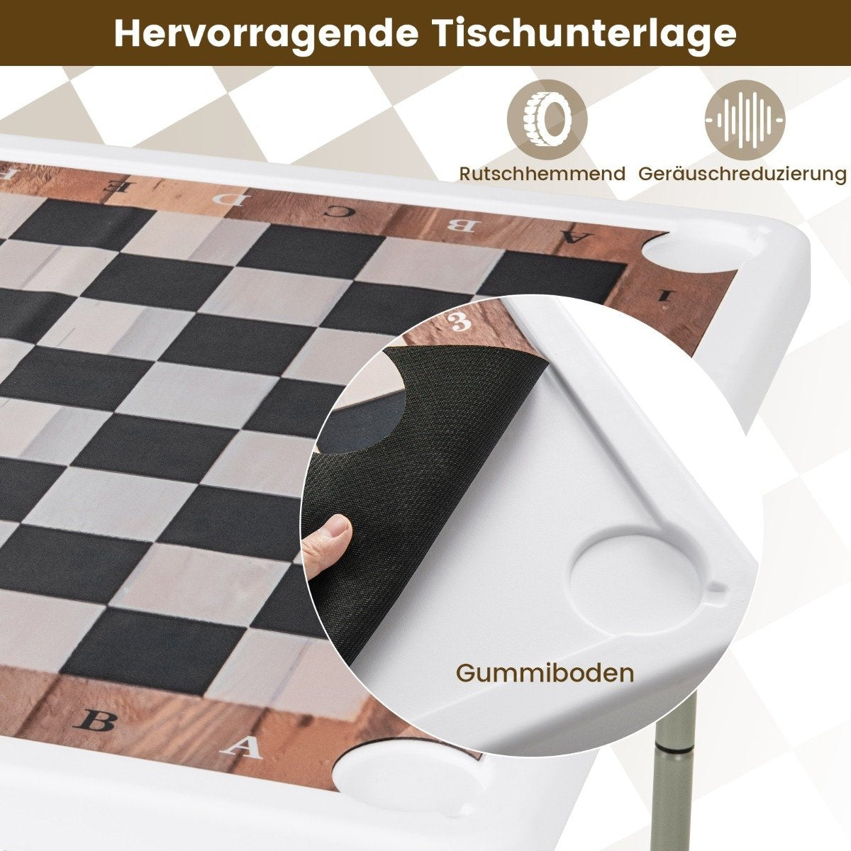 Primer plano de una mesa de ajedrez. La mesa tiene un patrón de tablero de ajedrez. Una mano levanta una sección de la alfombrilla negra.