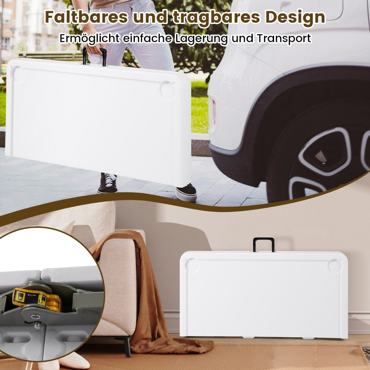 Una mesa plegable blanca es transportada por una persona. Un coche está en el fondo. Un primer plano muestra el mecanismo.