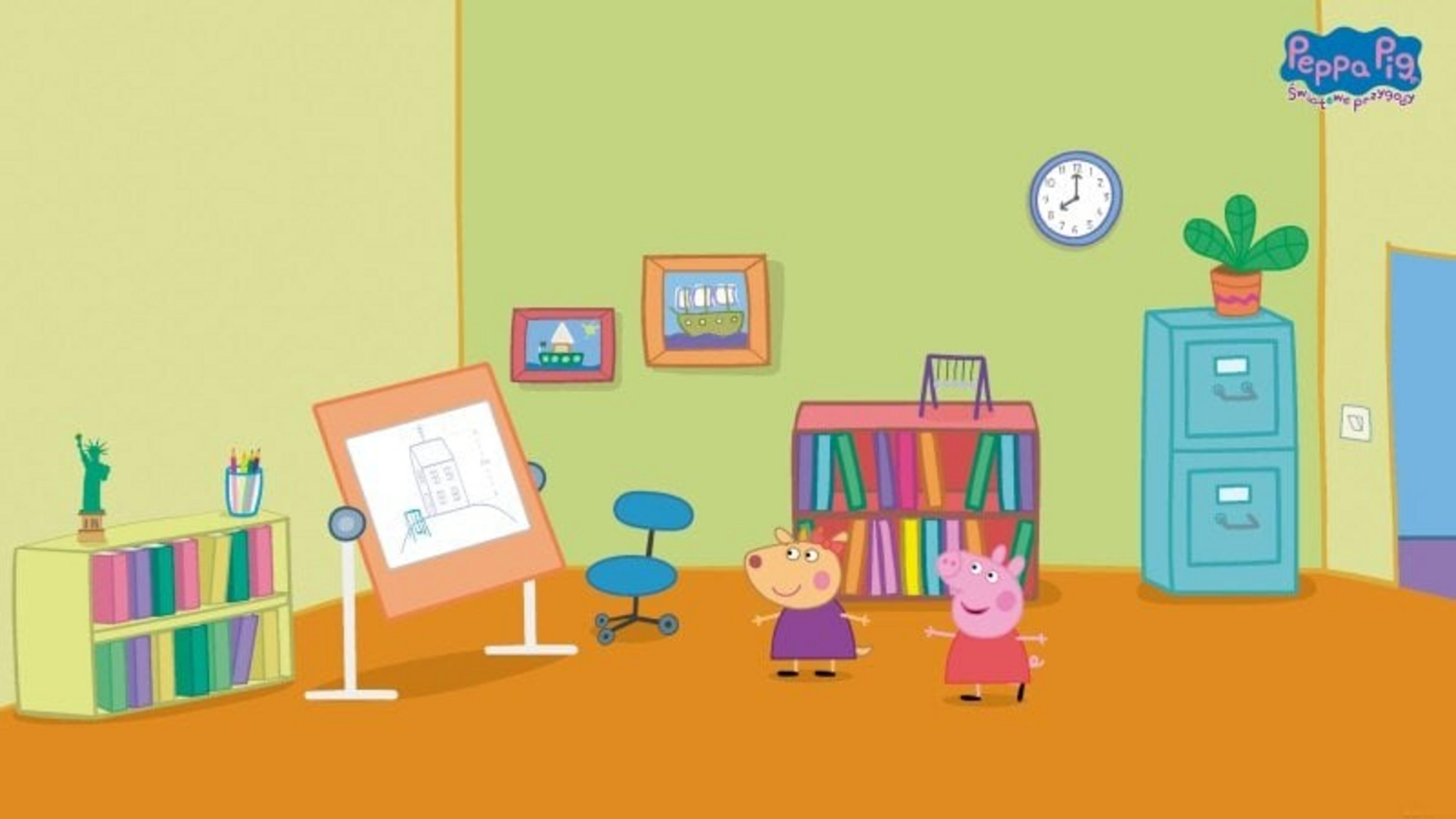 Pokój Peppy z rysunkami, zegarem, półką na książki, szafką i dwiema postaciami. Pokój ma kolory pomarańczowy i zielony.