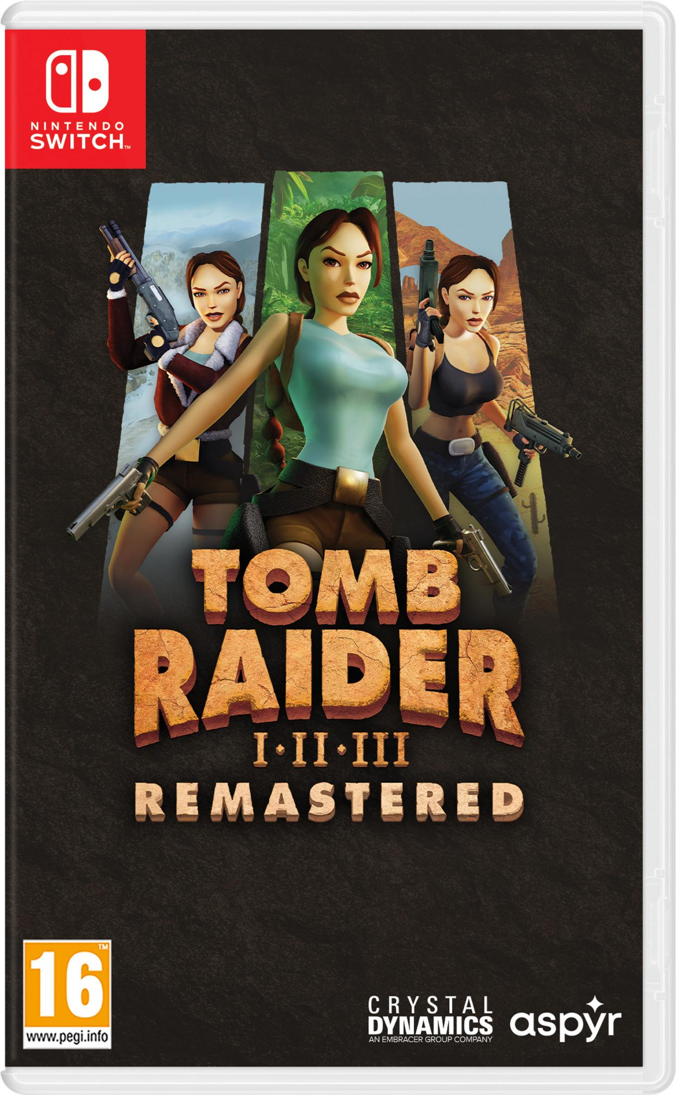 Okładka gry: Tomb Raider Remastered. Trzy postacie Lary Croft z bronią. Tytuł dużą, teksturowaną czcionką.