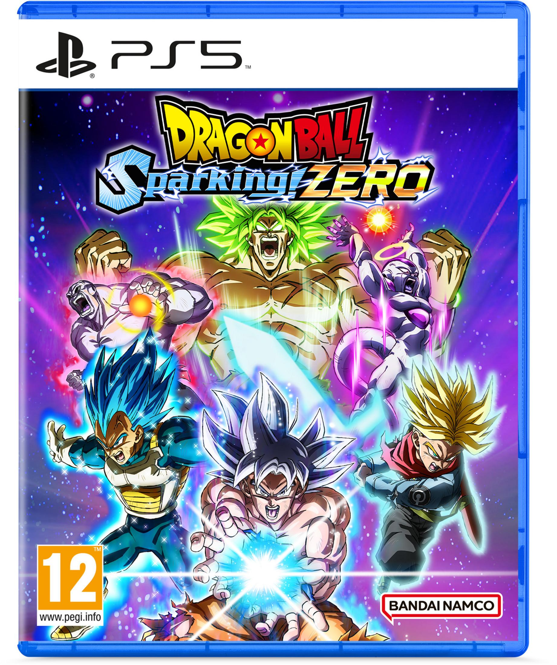 Copertina del gioco Dragon Ball Sparking! Zero. Personaggi in pose di combattimento con effetti energetici, su custodia PS5.
