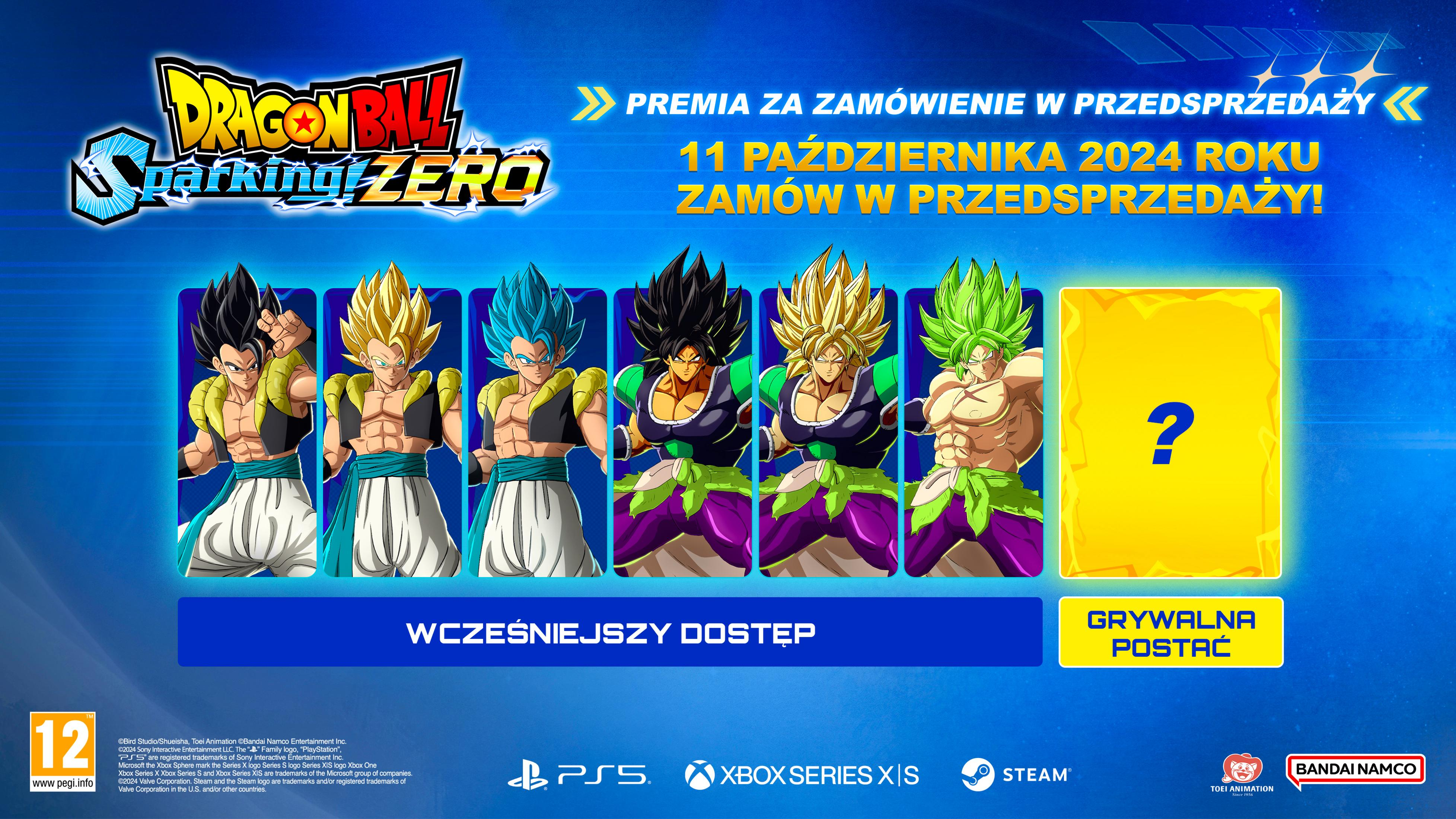 Immagine promozionale di Dragon Ball Sparking! Zero, con illustrazioni dei personaggi e dettagli di preordine su sfondo blu.