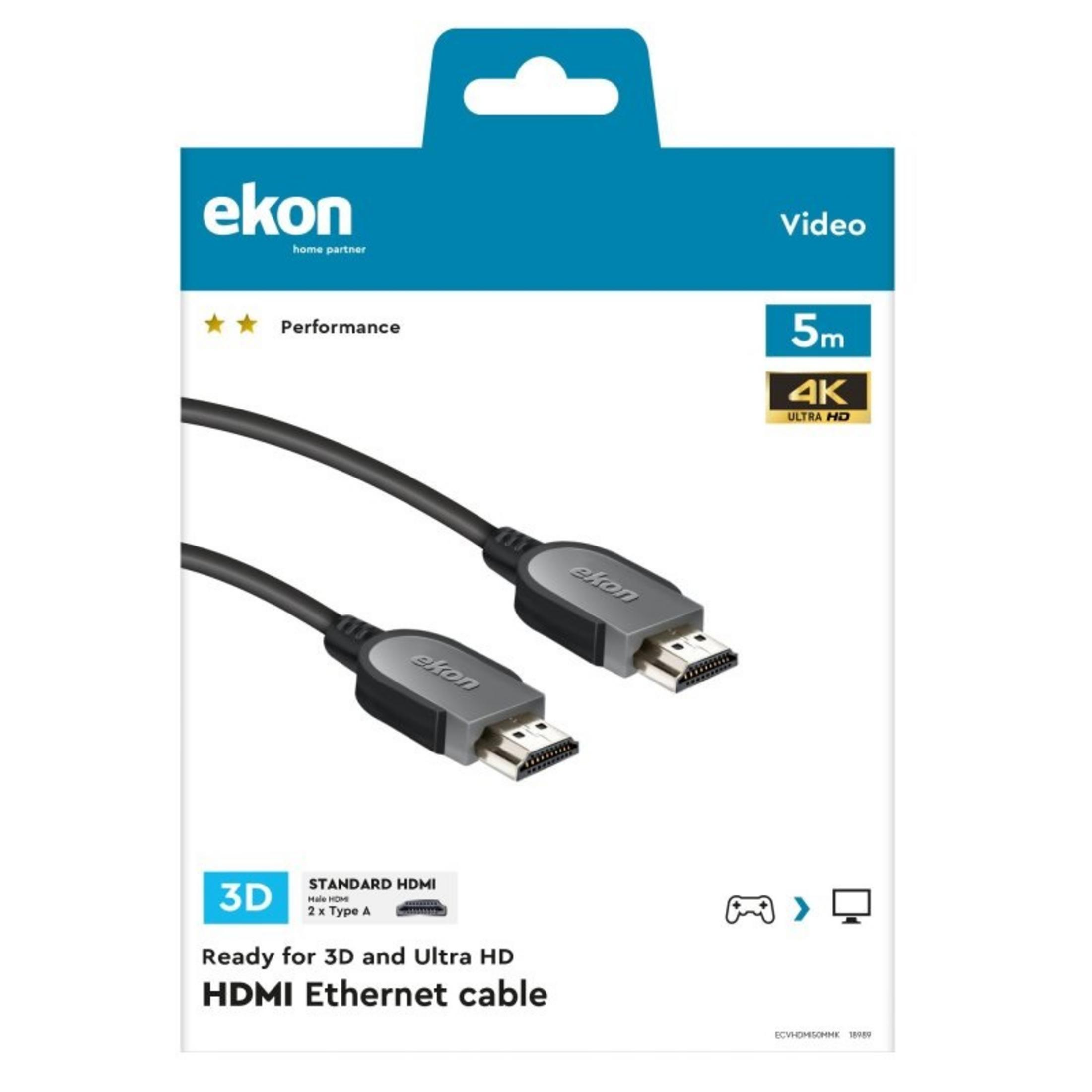 Eine HDMI-Kabelverpackung. Die Schachtel ist blau, mit einem HDMI-Kabel, die Marke ist ekon, und es unterstützt 4K Ultra HD.