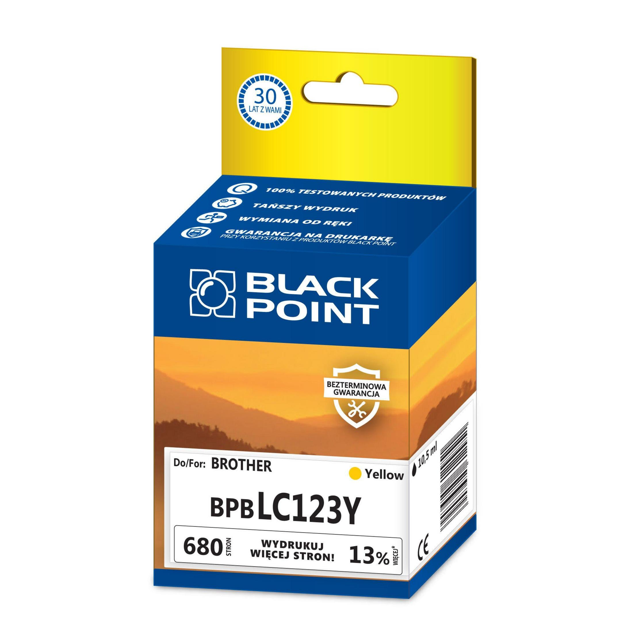 Una scatola di cartucce d'inchiostro Black Point gialla e blu. Contiene testo e un logo, e riporta 'Brother'.