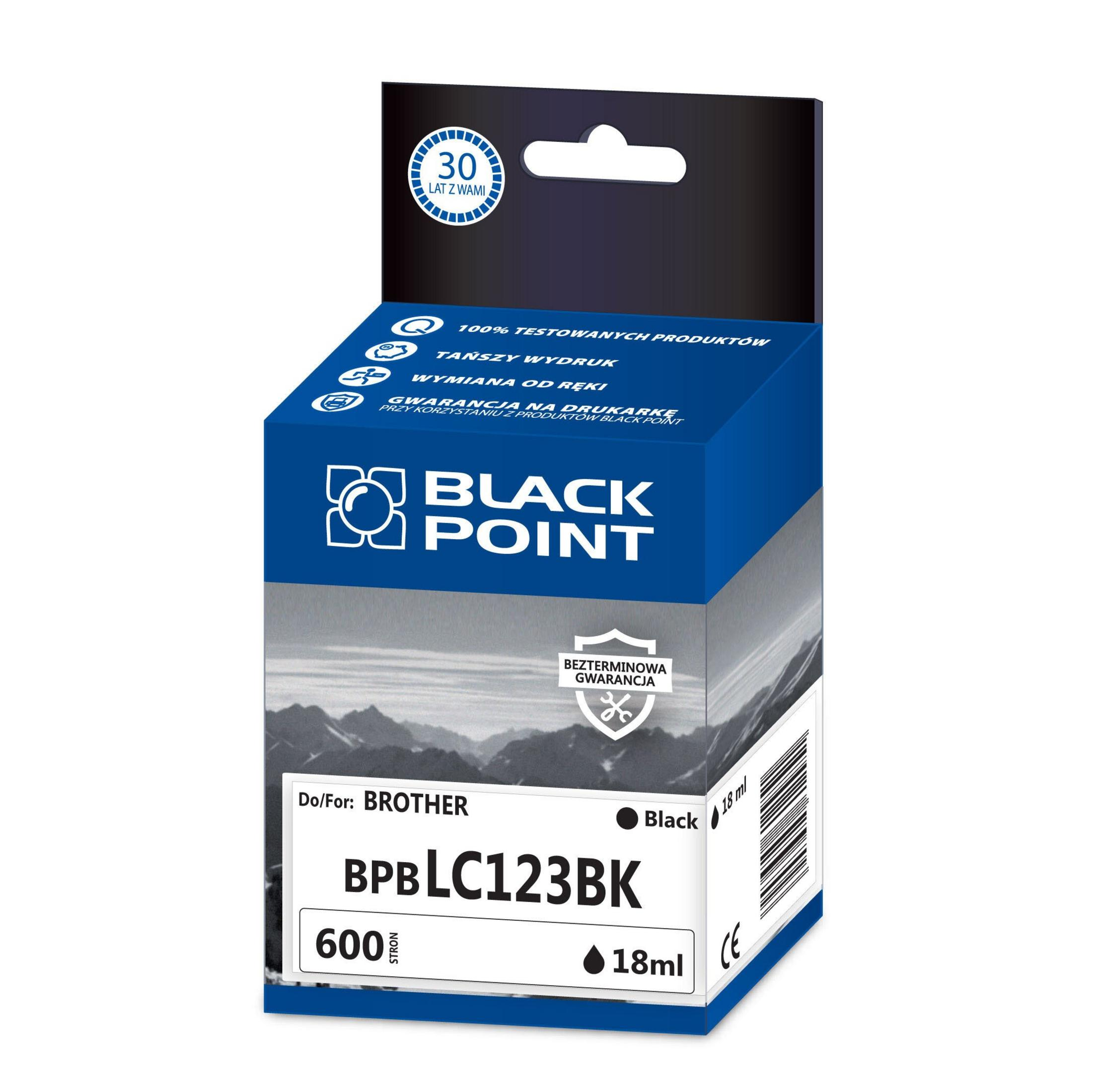 Scatola di cartucce d'inchiostro. Blu e nero, con testo 'Black Point' e 'BPB LC123BK'. Per stampanti Brother.