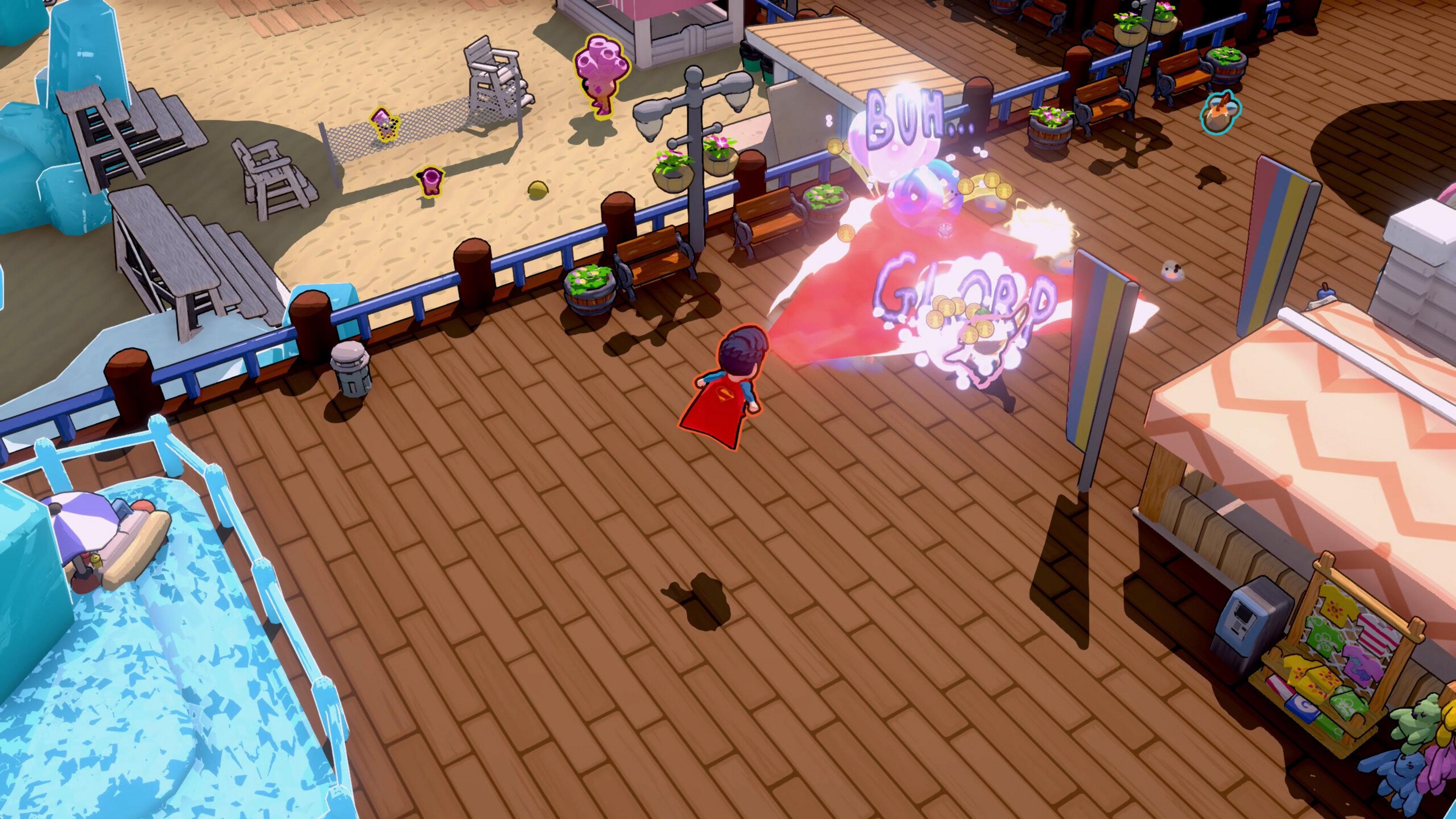 Scena z kreskówki przedstawia superbohatera na promenadzie. Dymki i postacie unoszą się w powietrzu. Sklepy i plaża w tle.