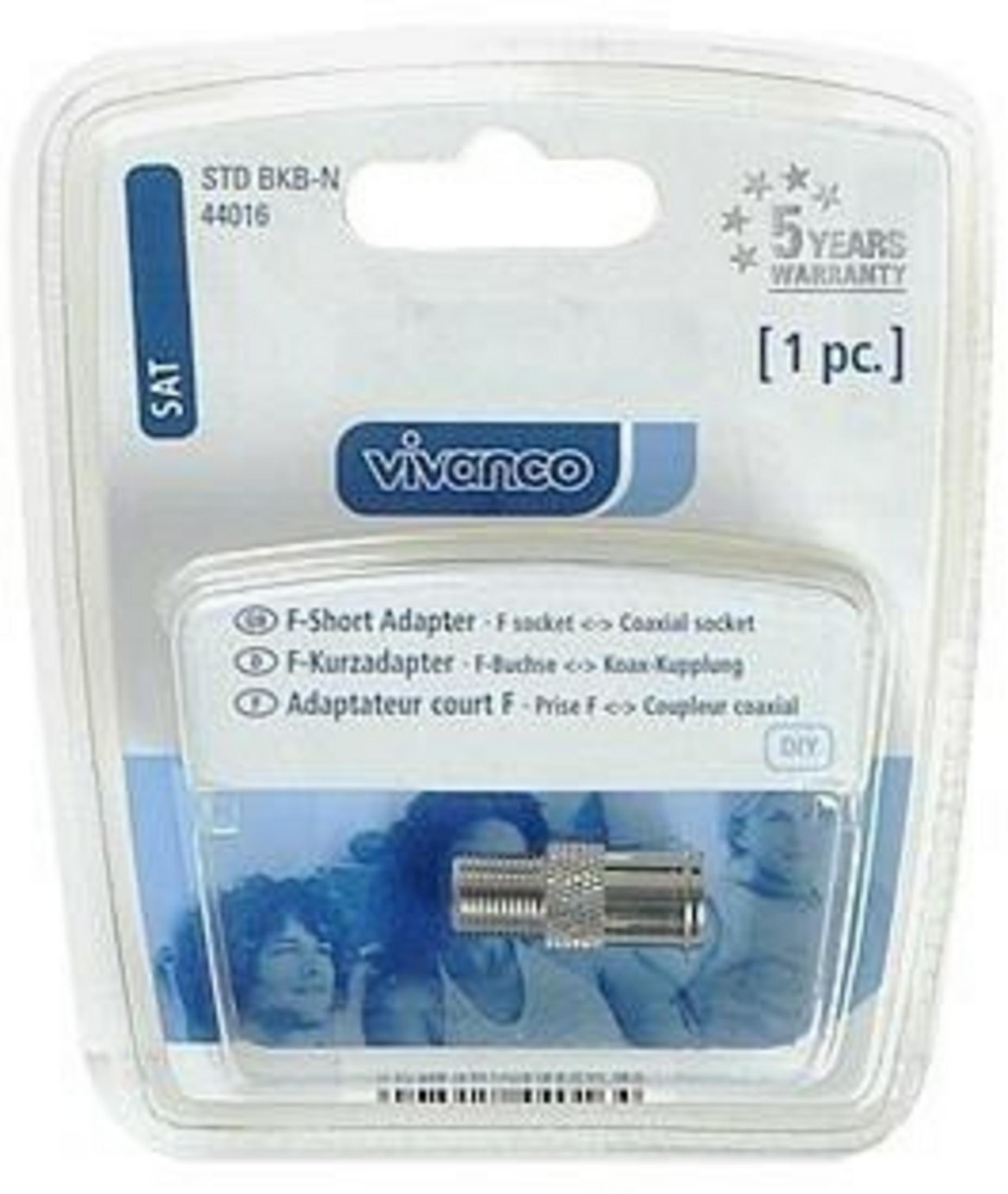 Ein verpackter F-Short-Adapter, silberner Stecker, in einer durchsichtigen Plastikhülle. Enthält Garantieinformationen und Marken.