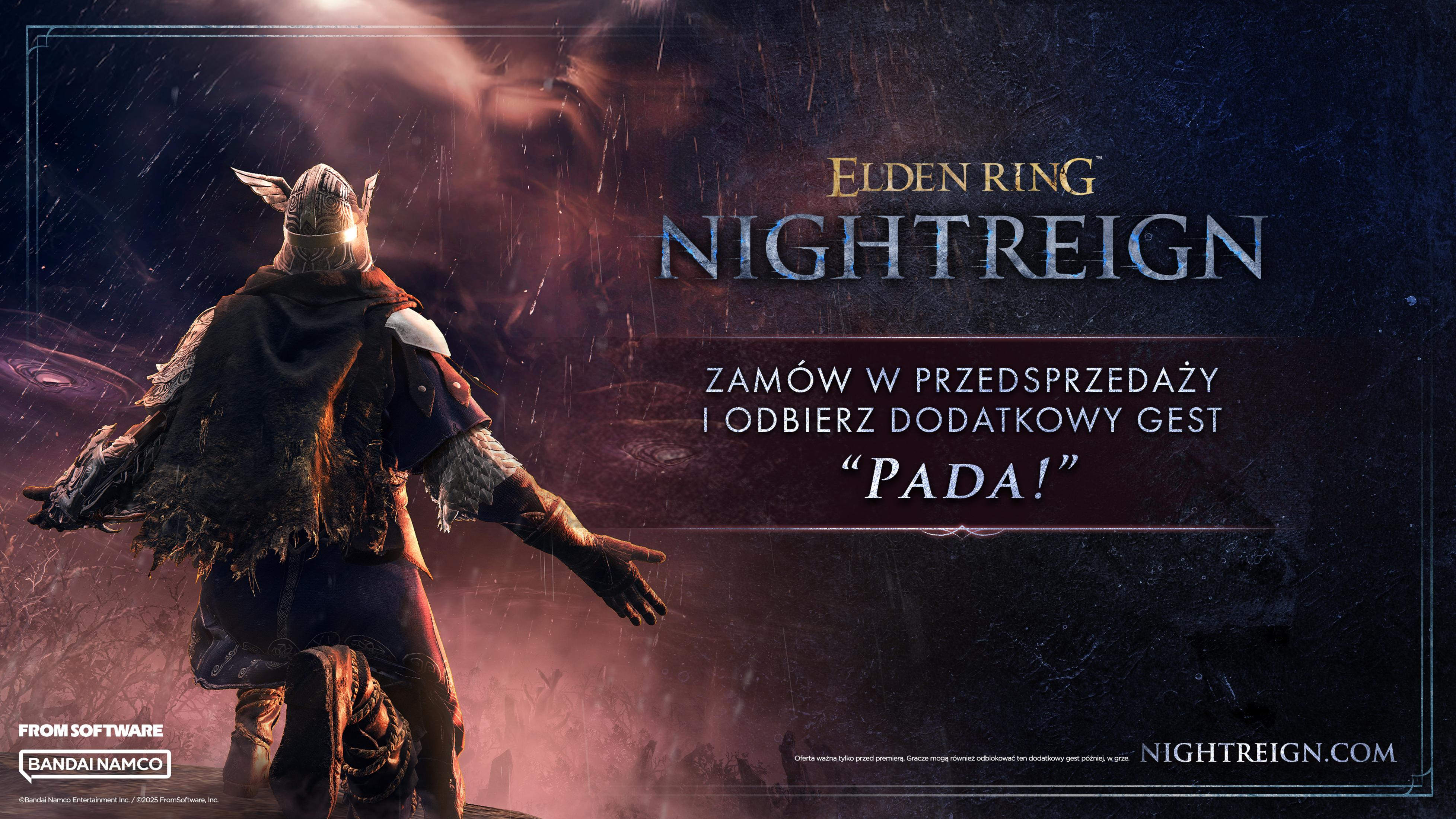 Una figura con armadura y casco se encuentra en una escena oscura y atmosférica. El texto dice Elden Ring Nightreign.