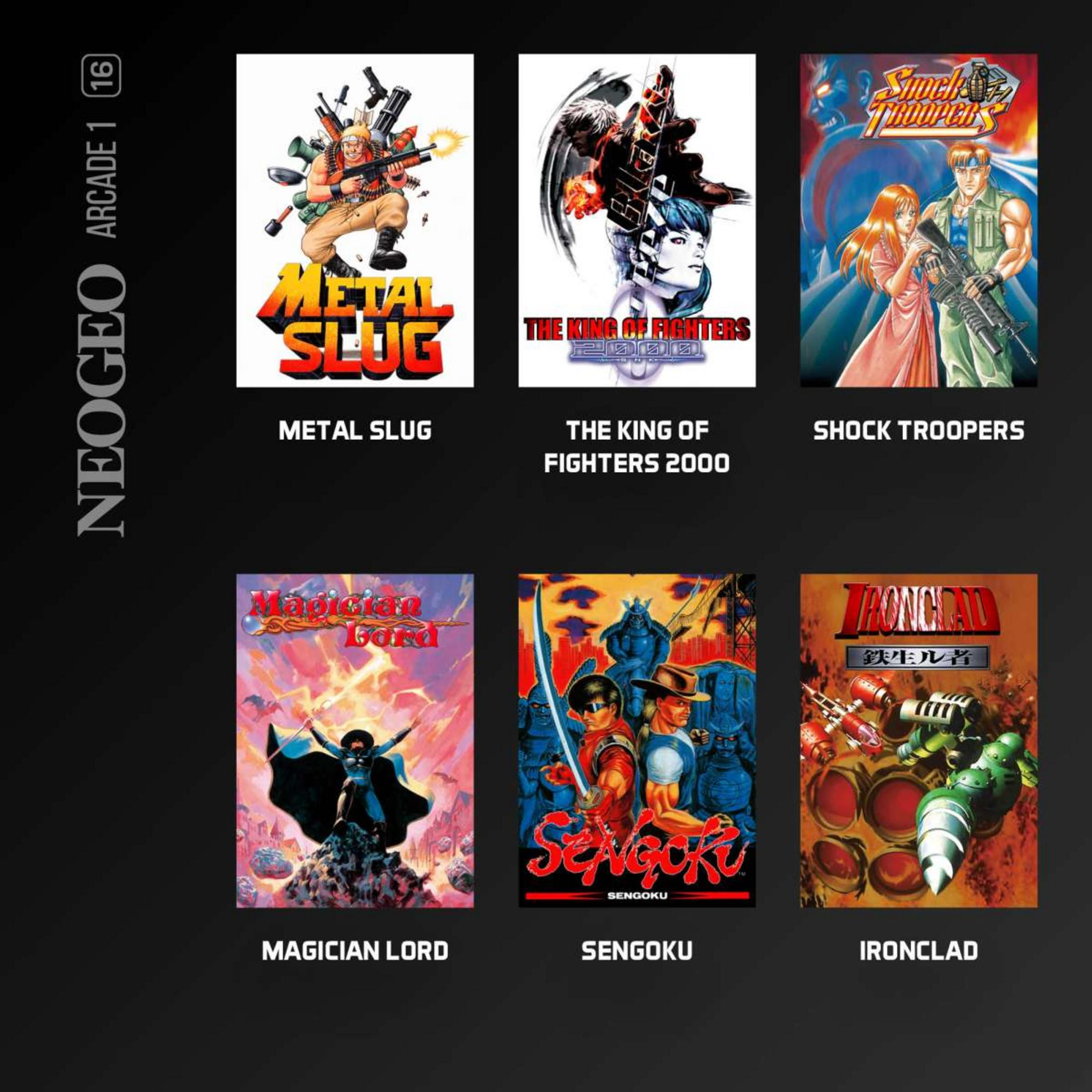 L'immagine mostra 6 copertine di giochi arcade Neo Geo: Metal Slug, King of Fighters 2000, Shock Troopers, Magician Lord, Sengoku, Ironclad.