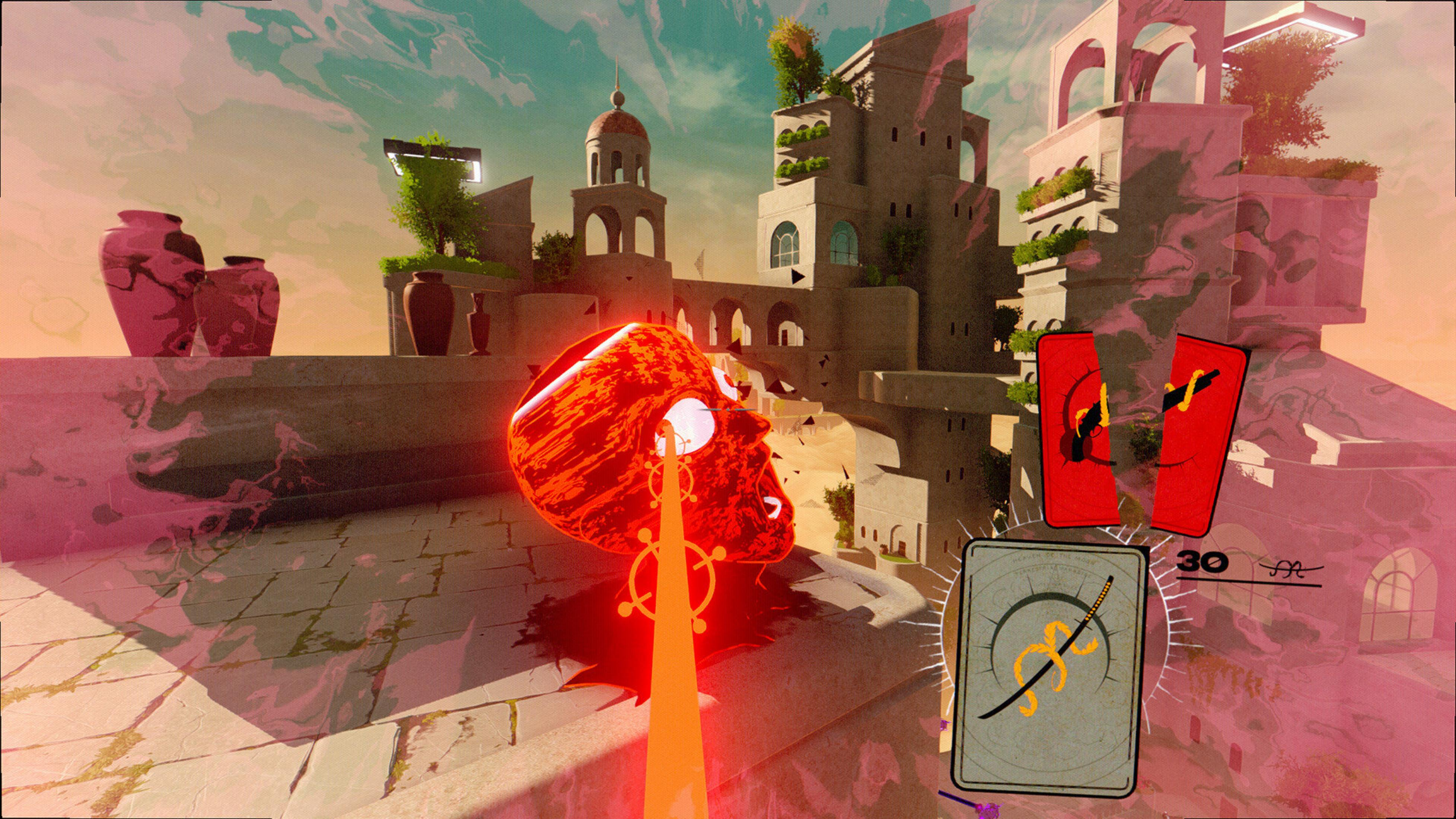 Surrealistyczna scena z świecącą czaszką, kartami i budynkami. Niebo jest mieszanką pomarańczowych i niebieskich odcieni.