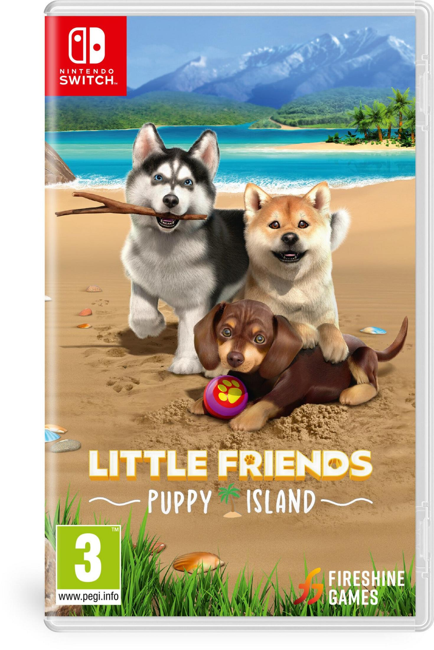 Copertina del gioco: Tre cani su una spiaggia con sfondo montuoso. Titolo: Little Friends Puppy Island. Logo Nintendo Switch presente.