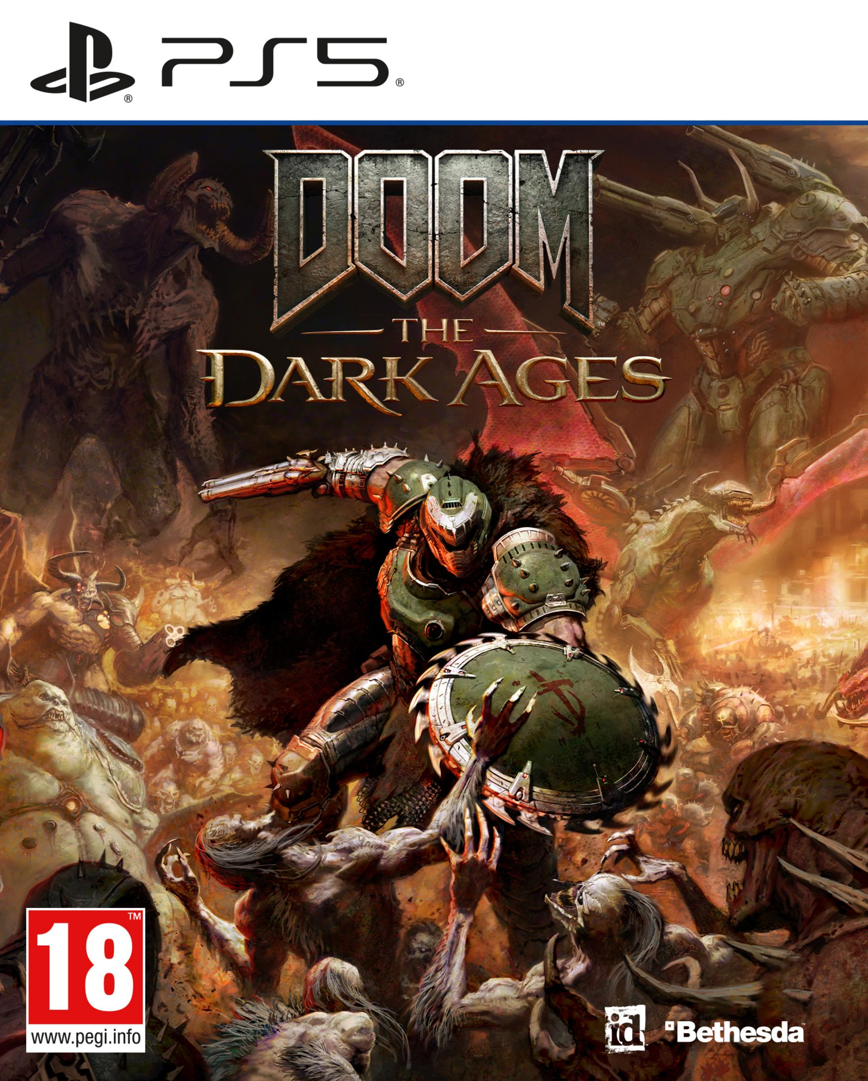 Copertina di Doom: The Dark Ages. Un cavaliere in armatura verde combatte demoni. Logo PS5 in alto.