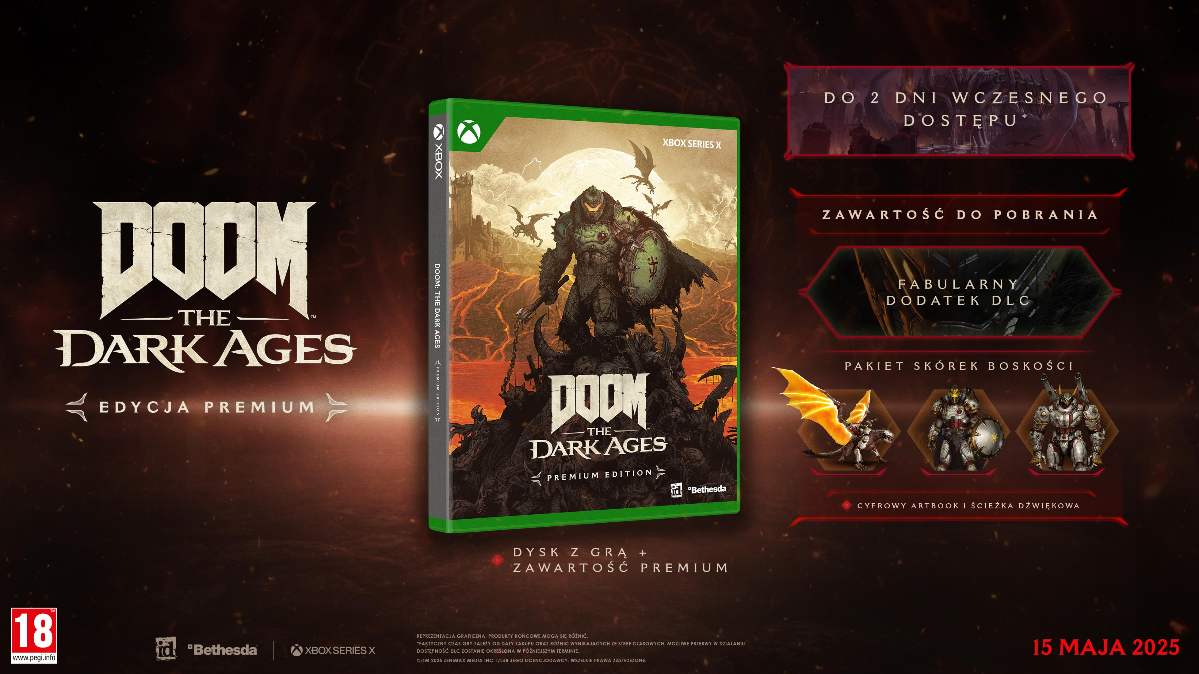 Copertina di 'DOOM: The Dark Ages'. Raffigura un guerriero in armatura, una scatola del gioco e dettagli dei contenuti.