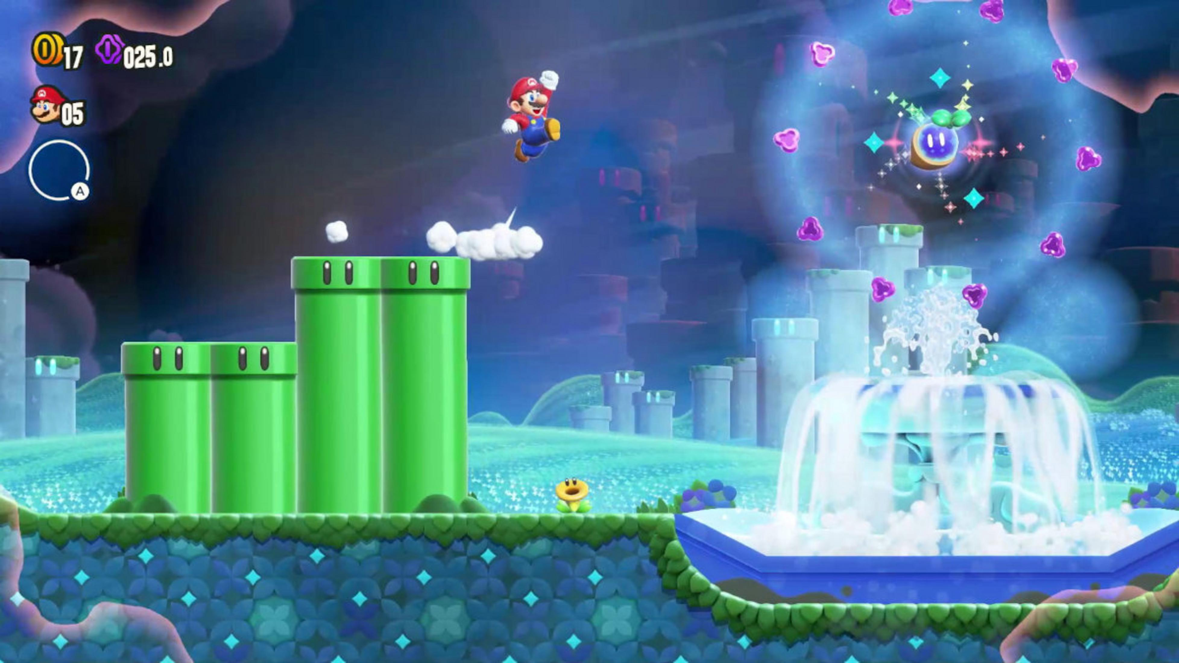 Mario springt in einem farbenfrohen Level mit grünen Rohren, einem Brunnen und einer schwebenden Blume. Der Hintergrund hat Türme.