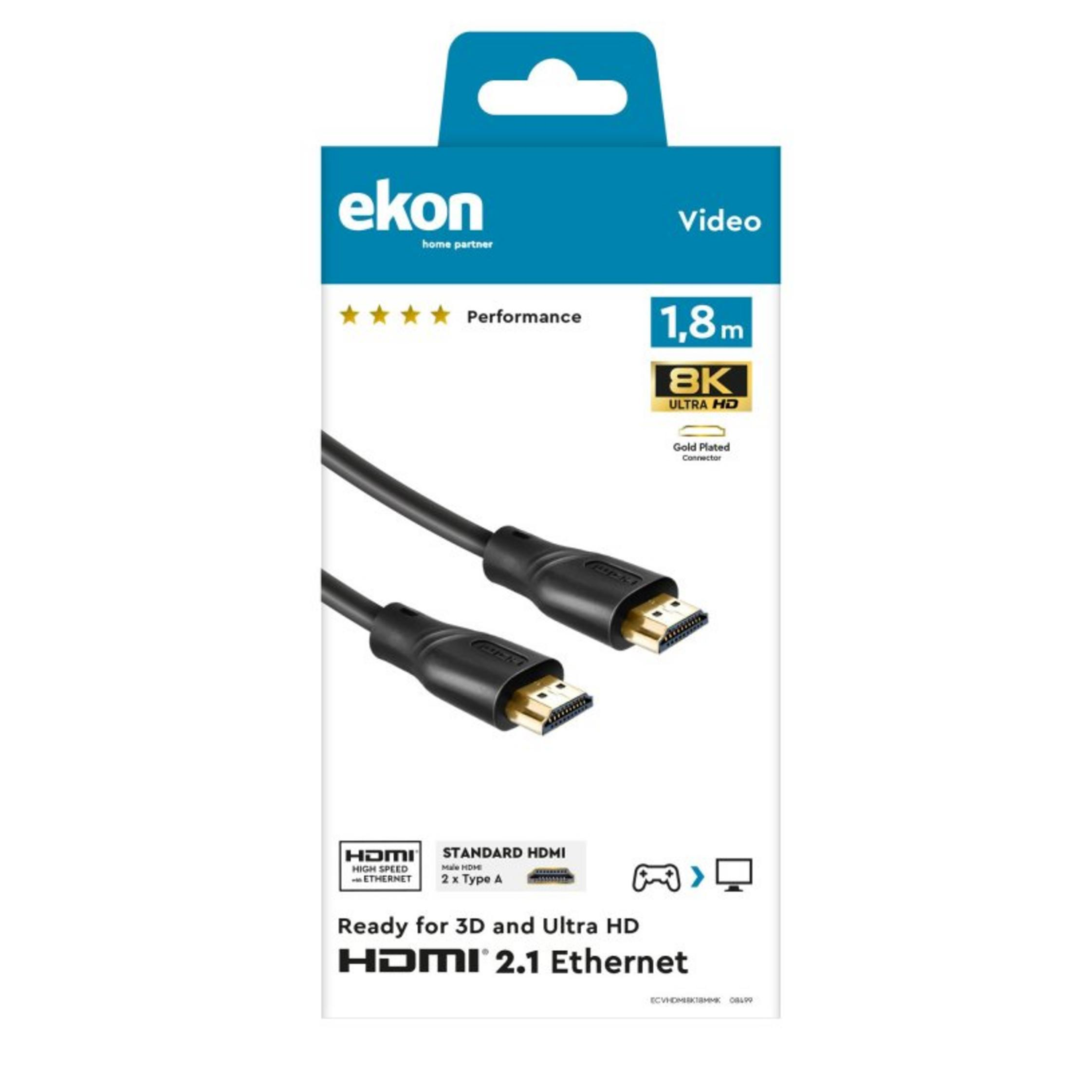 Eine Packung mit einem schwarzen HDMI-Kabel, die Marke 'ekon' ist sichtbar und unterstützt 8K Ultra HD.