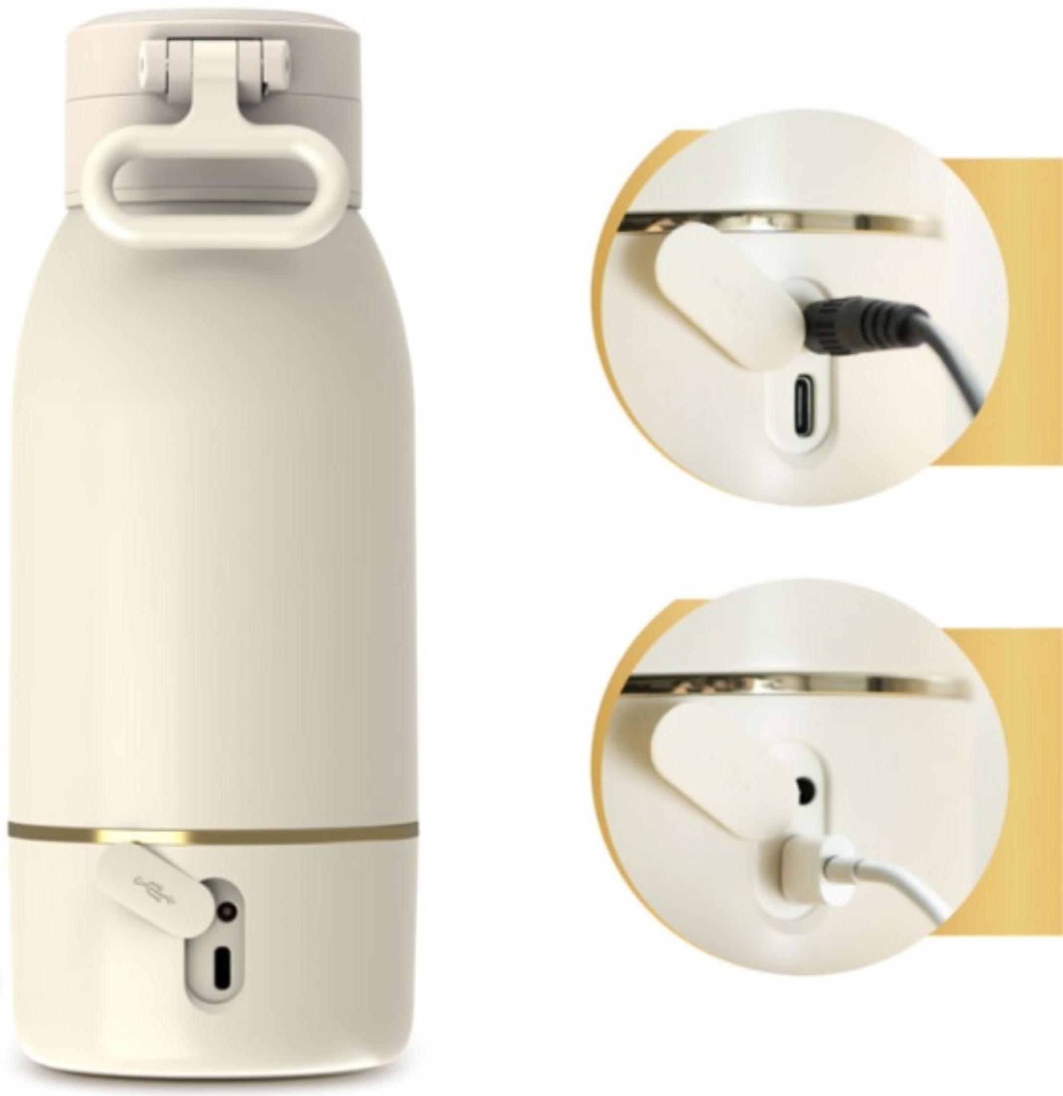 Kremowy bidon z uchwytem i dwa zbliżenia: jeden z kablem USB-C, a drugi z kablem ładującym.