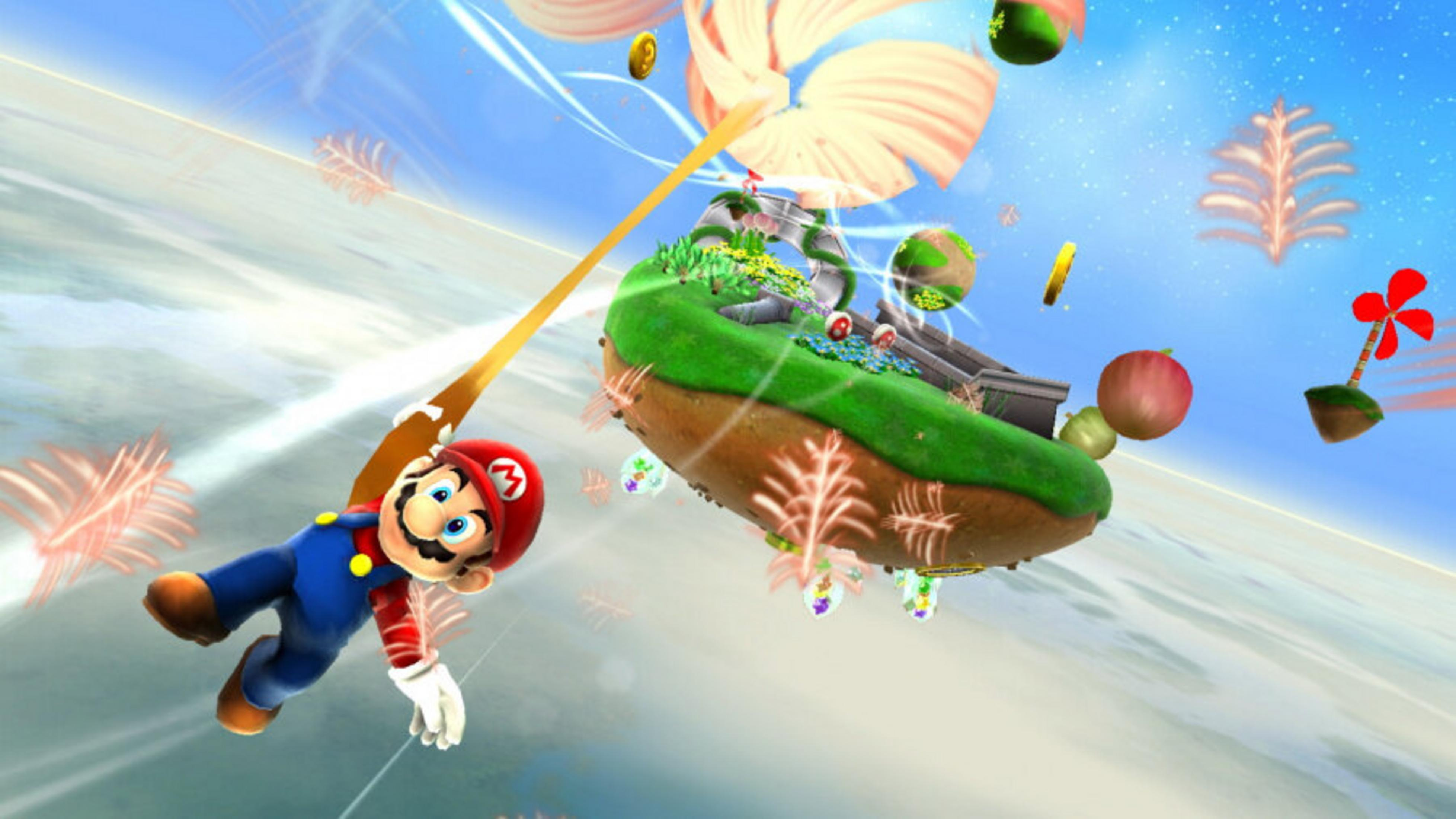 Mario che vola. Isole fluttuanti con vegetazione, monete e frutta. Elementi decorativi e cielo blu nuvoloso.
