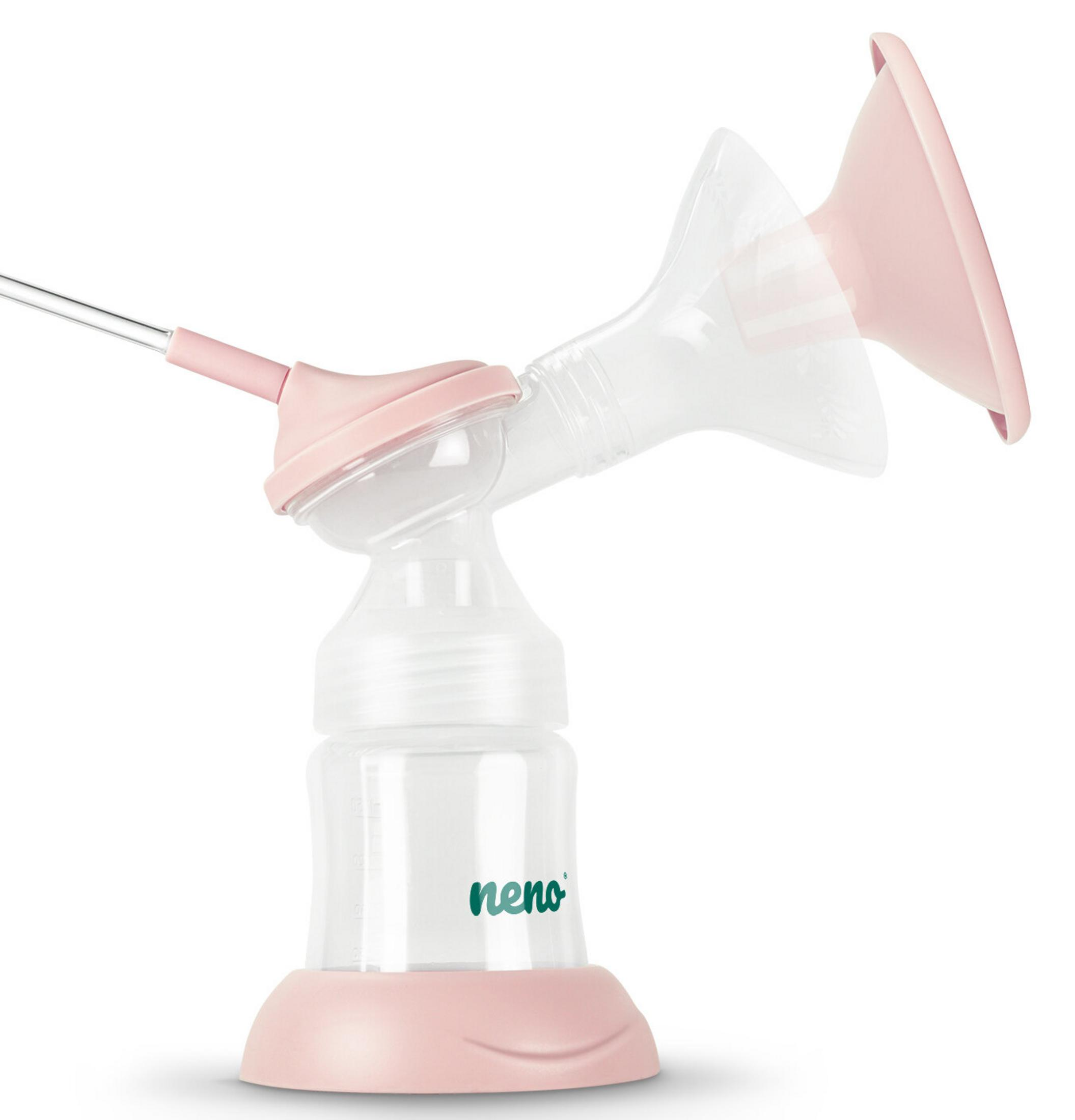 Un tiralatte, in plastica rosa e trasparente, è esposto su sfondo bianco. Include un biberon e un imbuto.