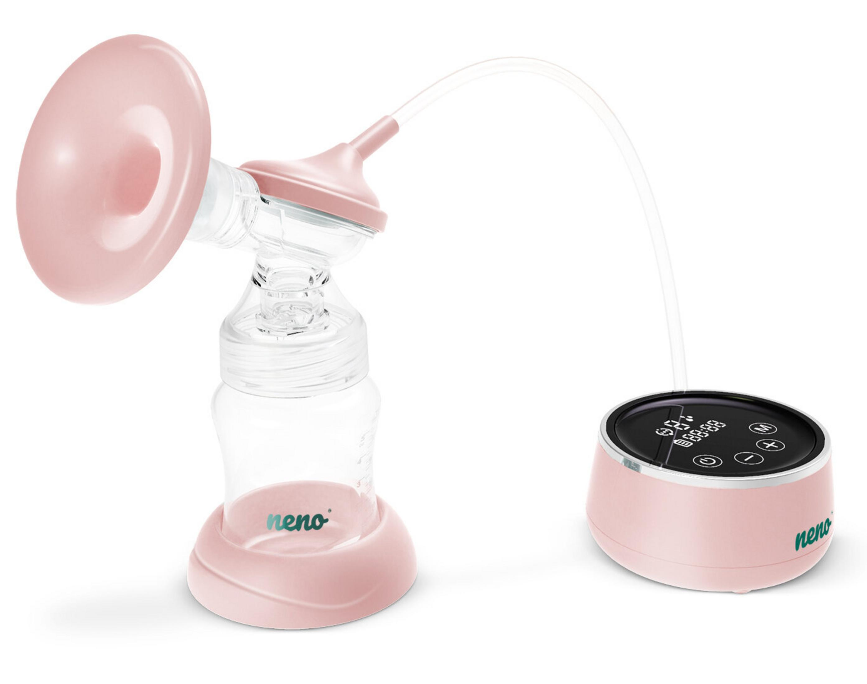 Un tiralatte rosa con bottiglia e centralina, collegati da un tubo, su sfondo bianco.