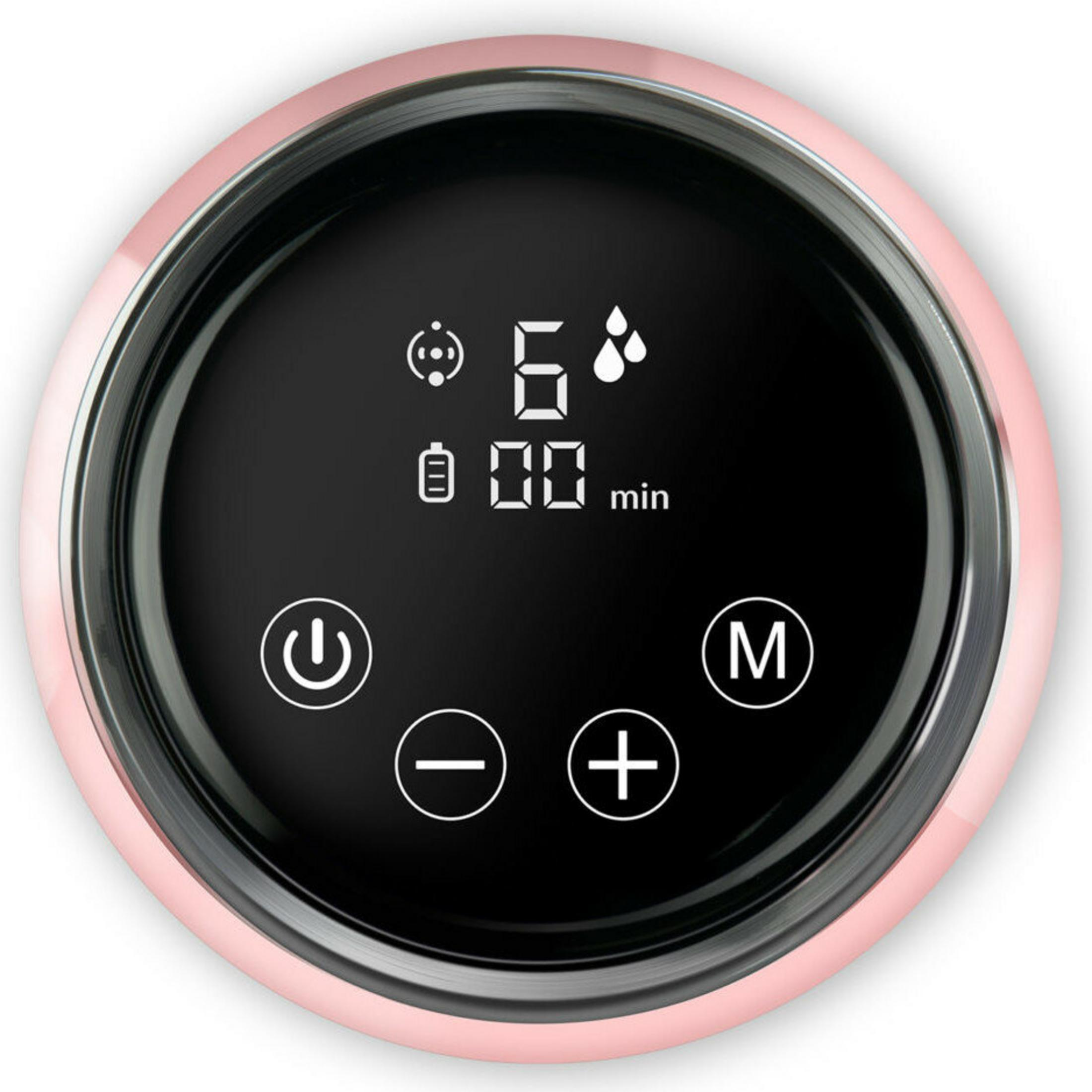 Un dispositivo rosa e nero con un display digitale che mostra numeri e simboli. Contiene pulsanti e un bordo rosa.